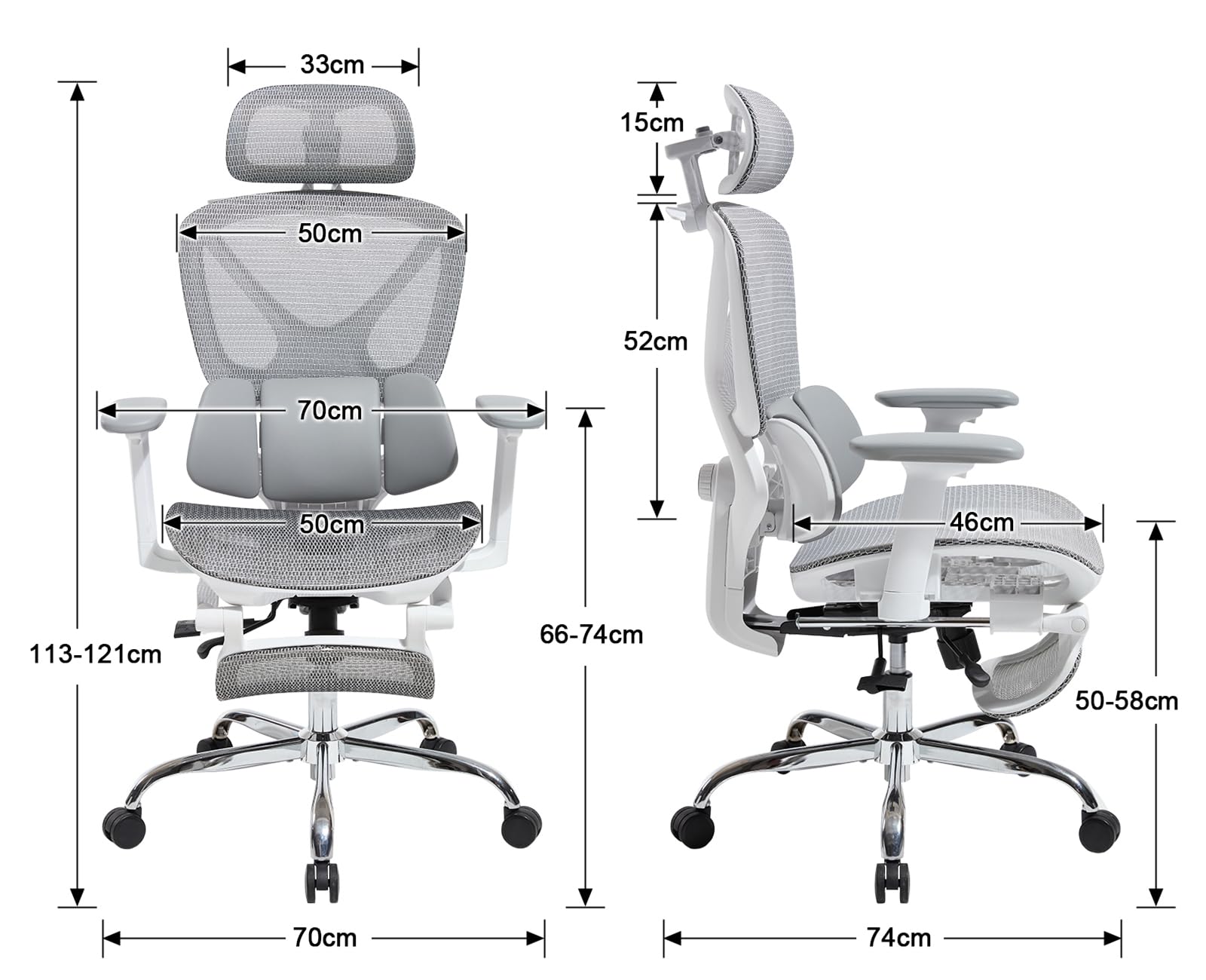 Silla de oficina ergonómica con reposacabezas ajustable, soporte lumbar, reposabrazos abatible, reposapiés giratorio, silla de computadora para el hogar, estudio, trabajo, color gris