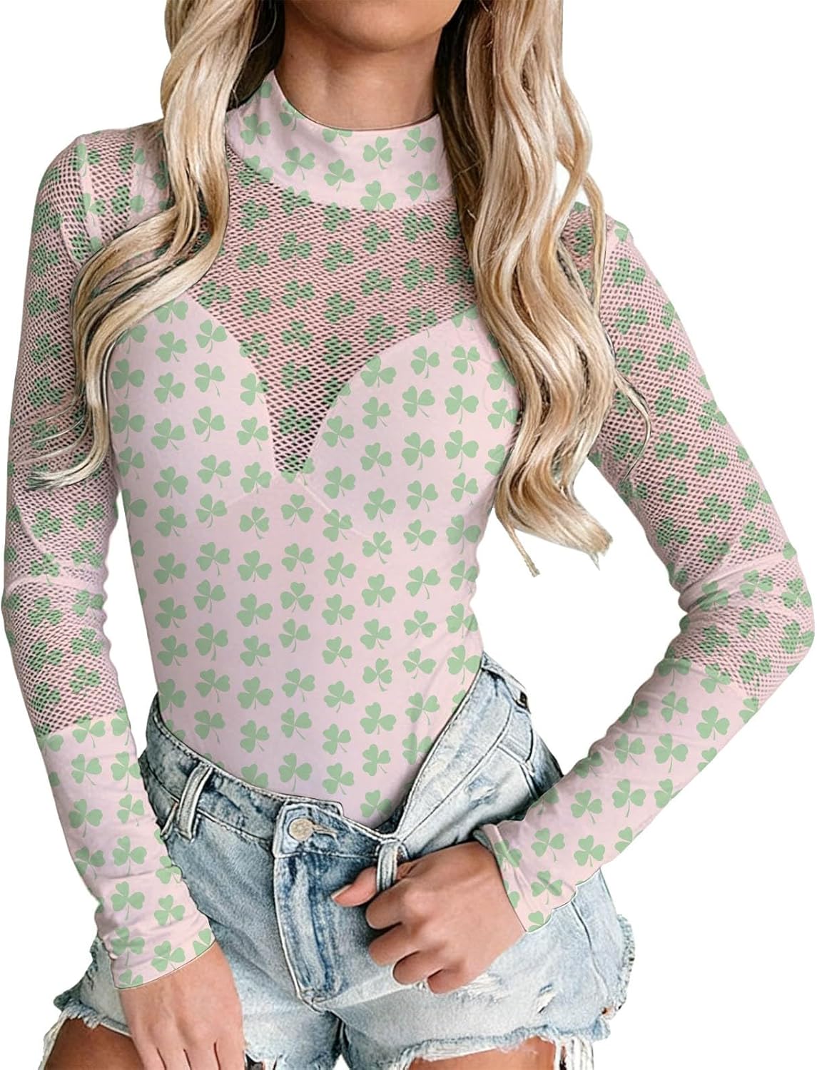 Womens St Patricks Day Mesh Sheer Shirt Sexy See Through Going Out Long Sleeve Green Irish Shamrock Clover Printed Tops - Image 2