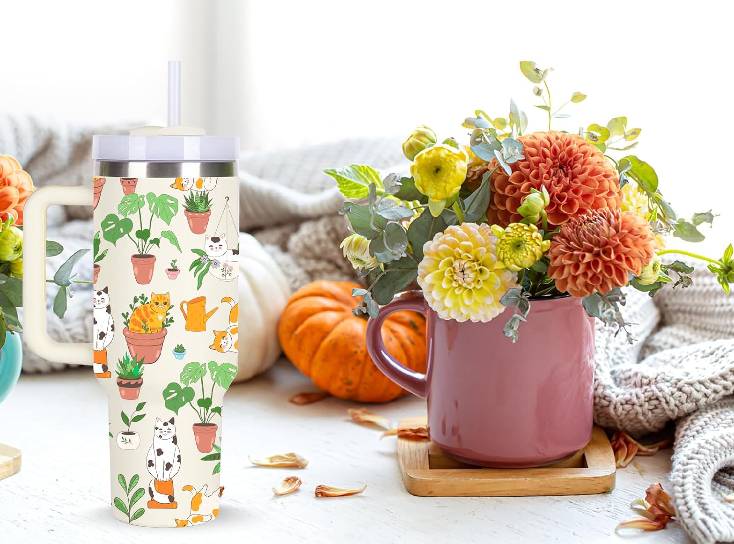 momocici Cats & Plant Tumblers.40oz Cat Tumbler with Handle Gifts for Women.40 oz Cats Cup Gift.Birthday Christmas Cat Lover Cups Tumbler Gifts for cats lover. - Image 6