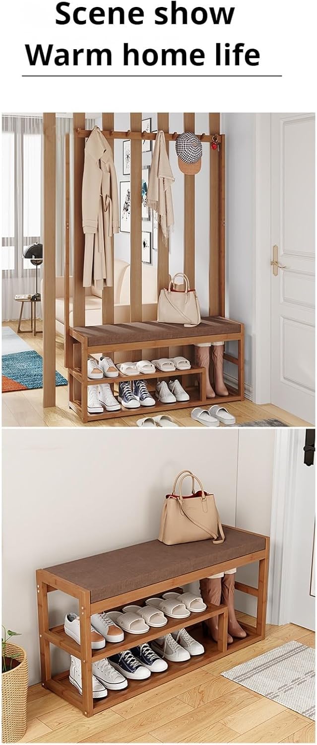 3-in-1 Bamboo Hall Tree with Bench and Shoe Rack, Narrow Wooden Coat Rack with Hooks & Double Storage Shelf, Entryway Storage nizer, Brown, Perfect for Hallway