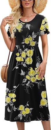 Heymoments Womens Casual Short Sleeve Midi Dress Crewneck A Line Tiered Flowy Loose Travel Long Summer Dresses with Pockets