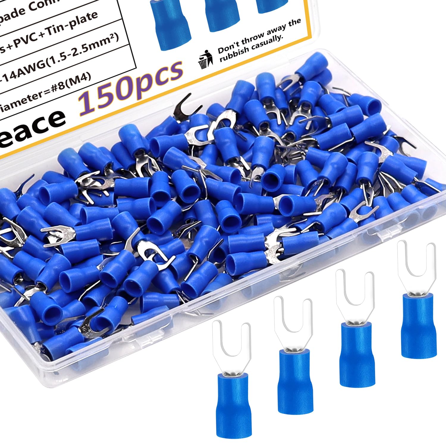 smseace 150pcs 8(M4) Fork terminals Blue UType Insulated Fork