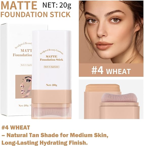 2-in-1 Matte Foundation Stick with Built-in Brush – Waterproof Long-Lasting Full Coverage Cream Foundation & Concealer for Smooth, Even Skin Tone, Brightening & Hydrating for Mature Skin (Wheat)