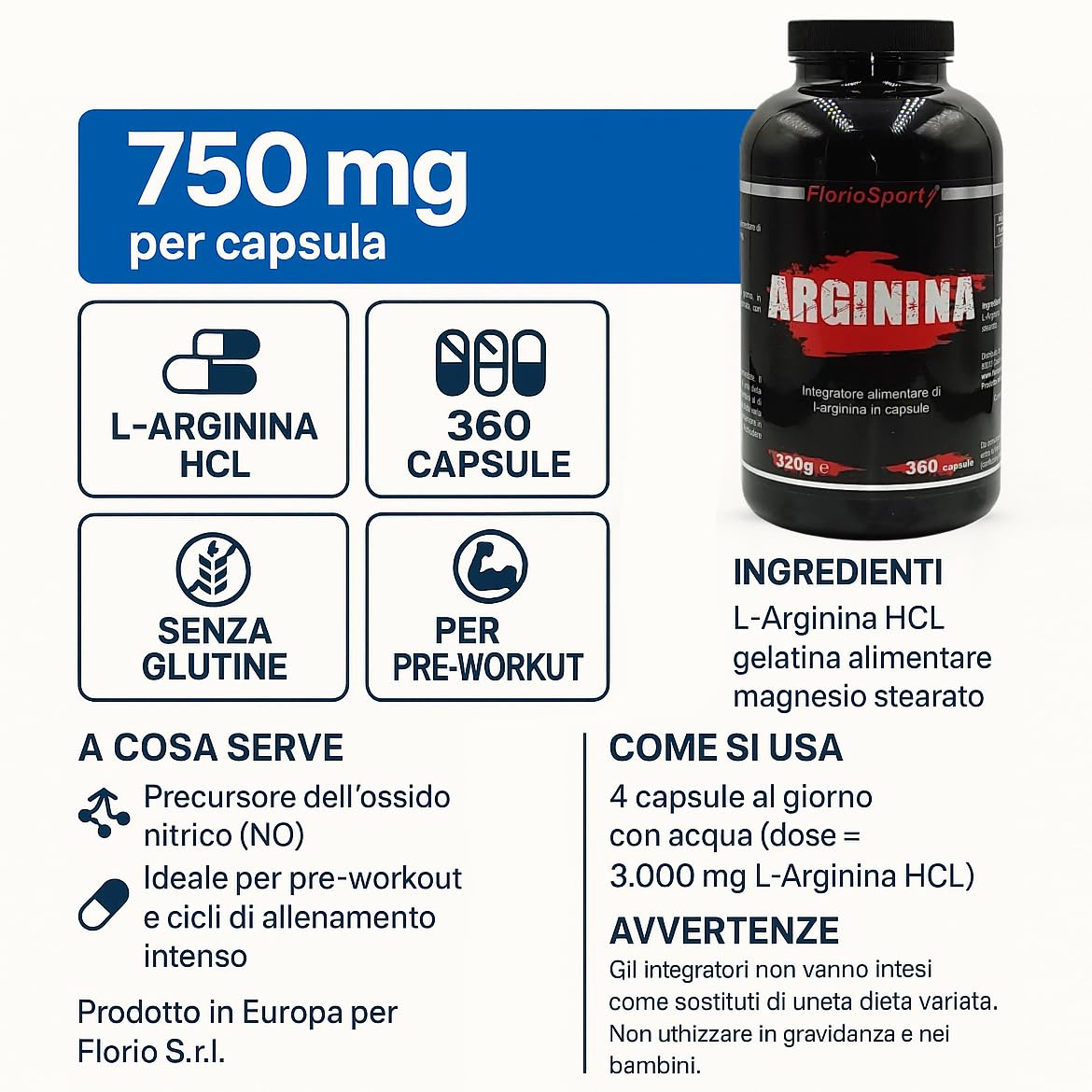Arginina 360 capsule FlorioSport - Pura L-Arginine HCL ad Alto Dosaggio - Precursore di Ossido Nitrico (NO) che regola la Vasodilatazione e contribuisce alla Sintesi Proteica