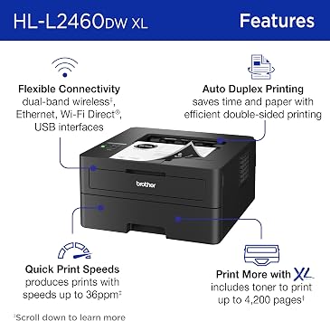 طابعة Brother HL-L2460DWW XL اللاسلكية المدمجة أحادية اللون مع نسخ ومسح ضوئي مزدوج، فاكس، أبيض وأسود | تتضمن ما يصل إلى 4200 صفحة من الحبر (1)، تعمل مع Alexa