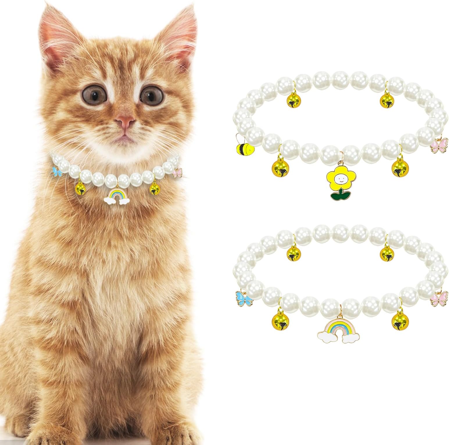 Yanmucy Cat Collar with Bell Pearl Pet Cats Dog Necklace Collar Accessories Necklace Jewellery for Kittens Small Pets Wedding Party Costume Outfits (Flower + Rainbow)