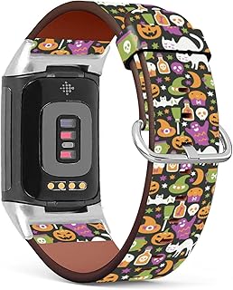 Compatible with Fitbit Charge 5, Patterned Leather Replacement Band (Halloween Cat Skull Pumpkin Bat)
