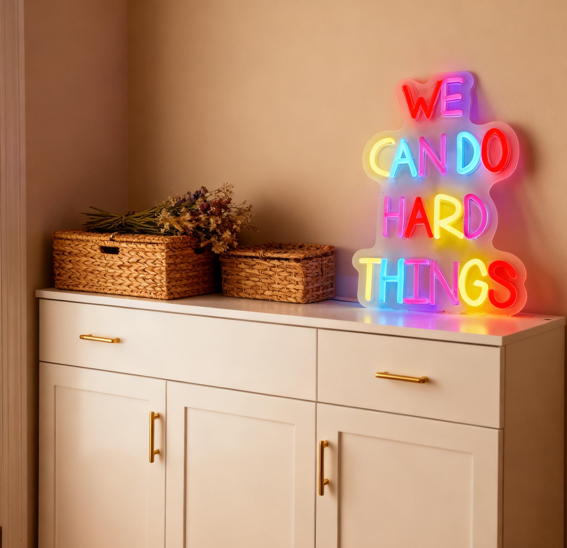We Can Do Hard Things LED Neon Sign, USB Powered Dimmable Decorative Neon Light for Home Office Bedroom Living Room Inspirational Decor Party Gift Wall Table Light Up Sign 13.8 x 9.1 In