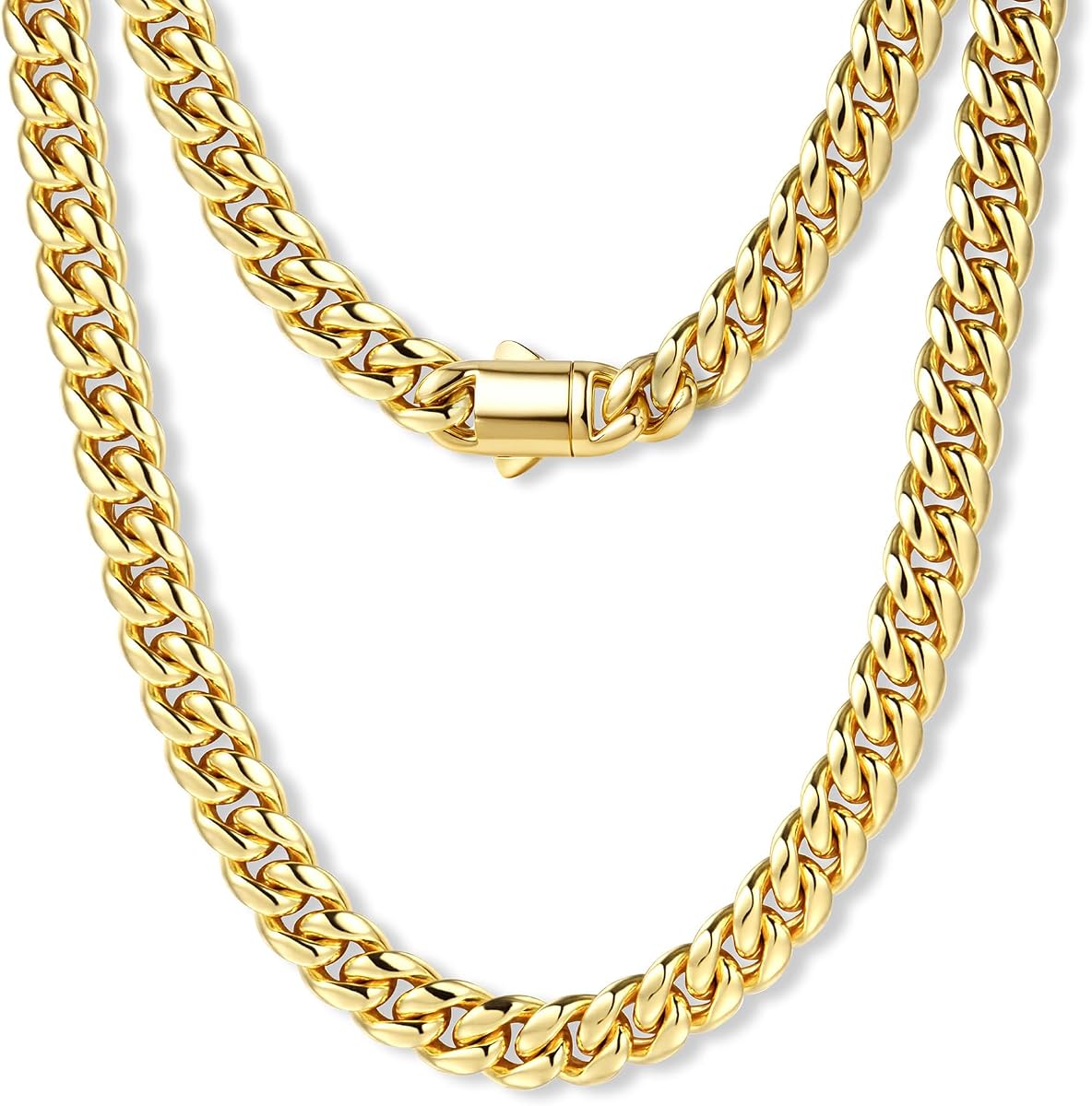 Gold Cuban Link Chain for Men, 5-14mm Stainless Steel, 16-30 Inch | Gold/Silver/Black Plated Miami Curb Chain Necklace, Diamond Cut Non-Tarnish Mens Jewelry with Box Clasp, Chunky Necklace