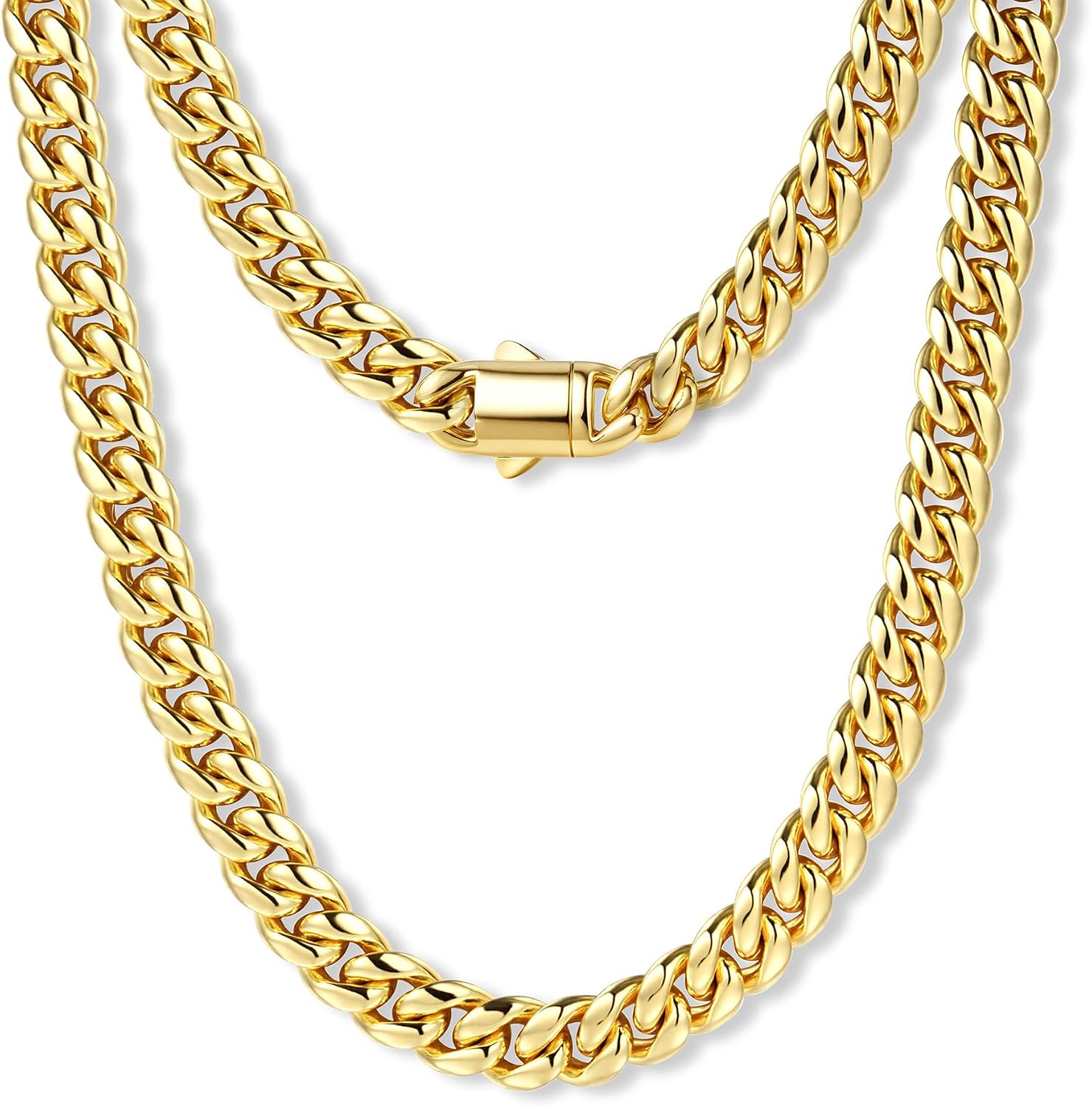 Gold Cuban Link Chain for Men Mens Stainless Steel Miami Curb Chains Necklace 5/8/10/12/14mm Thick Real Gold/Silver/Black Plated Diamond Cut Non-Tarnish Jewelry Trendy Gifts 16-30 Inch with Gift Box