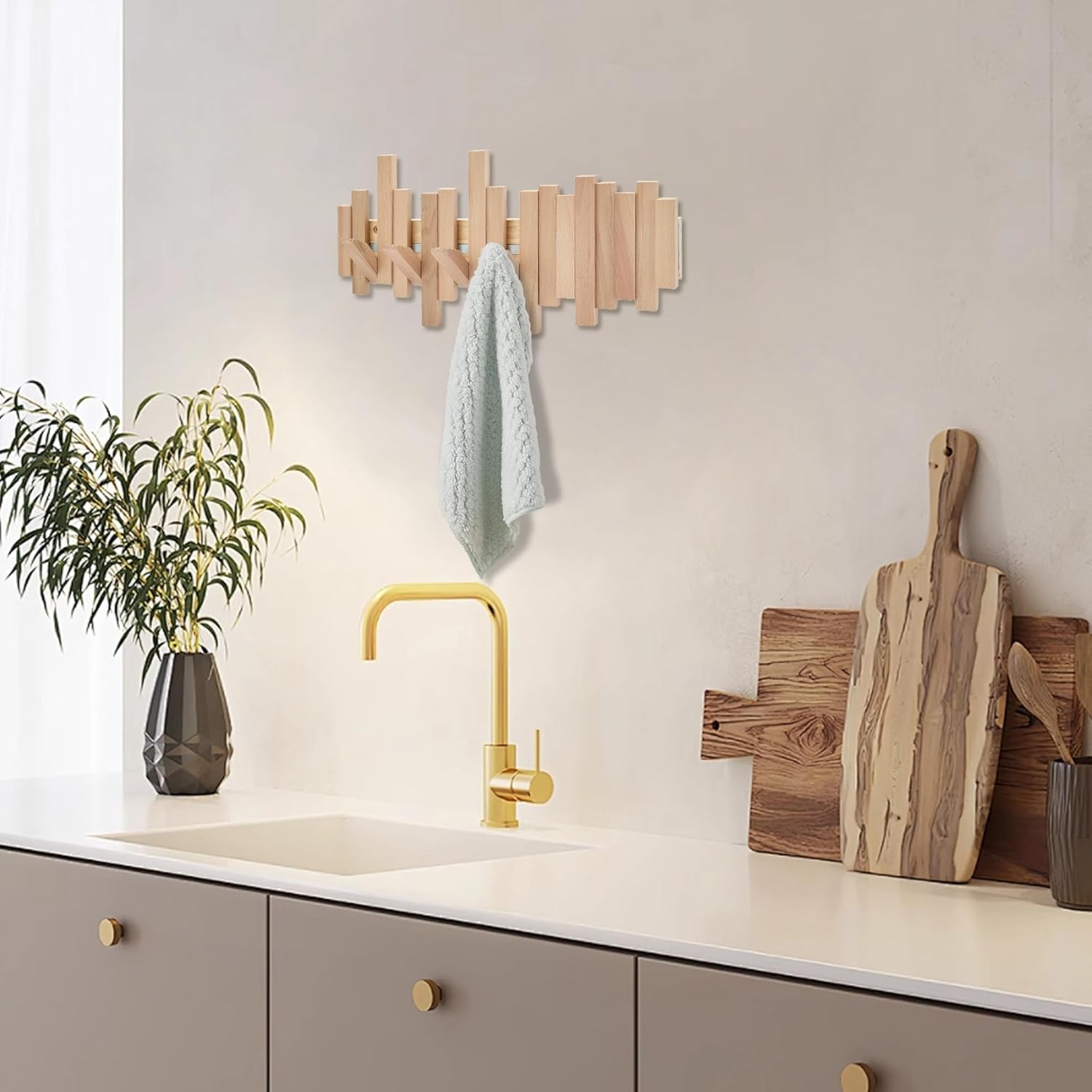 Natural Wood Wall Mounted Piano Coat Rack | Mounted Coat | Flip Up Wall Hook 6 Hooks | Entry Art Hooks in Walnut (Wood Color, 6)