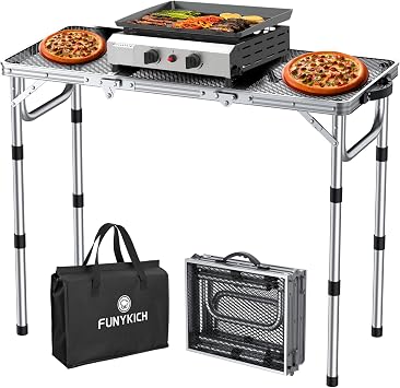 3ft Folding Grill Table 34x16, 3 Adjustable Heights Max 27.5, Silver