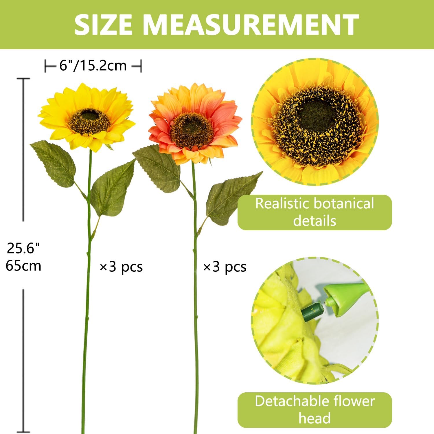 8 Pcs Large Sunflowers Artificial Flowers 6" Full Bloom Long Stem Artificial Sunflower 25.6" Tall Sun Flowers Giant Silk Sunflowers with Stem Fake Sunflower Floral Arrangement for Home Wedding Decor
