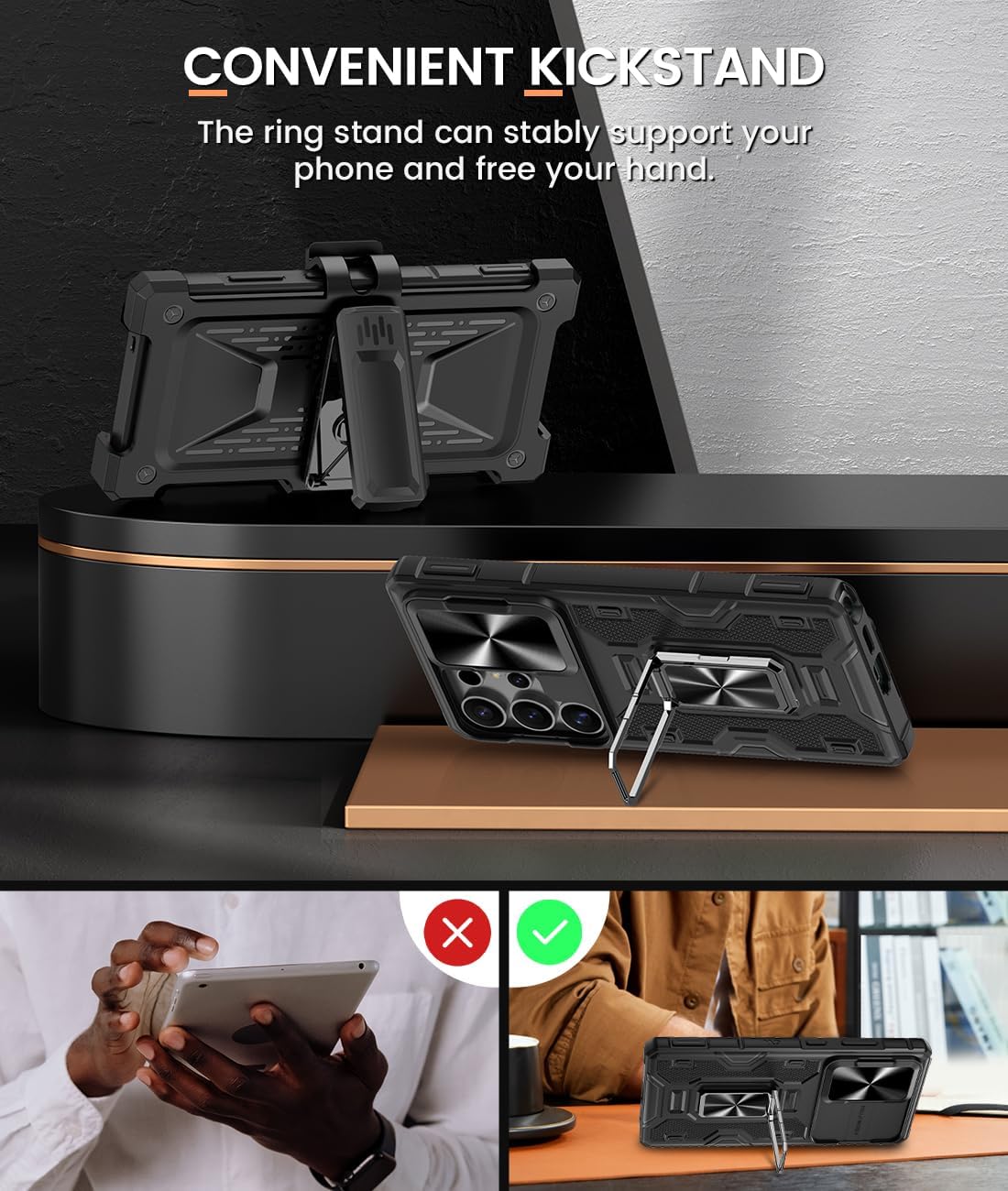 Caka for Samsung Galaxy S25 Ultra Case with Belt Clip Holster Slide Camera Cover Built-in 360° Rotate Ring Holder Stand Heavy Duty Shockproof Protective S25 Ultra Case 2025, Black - Image 3