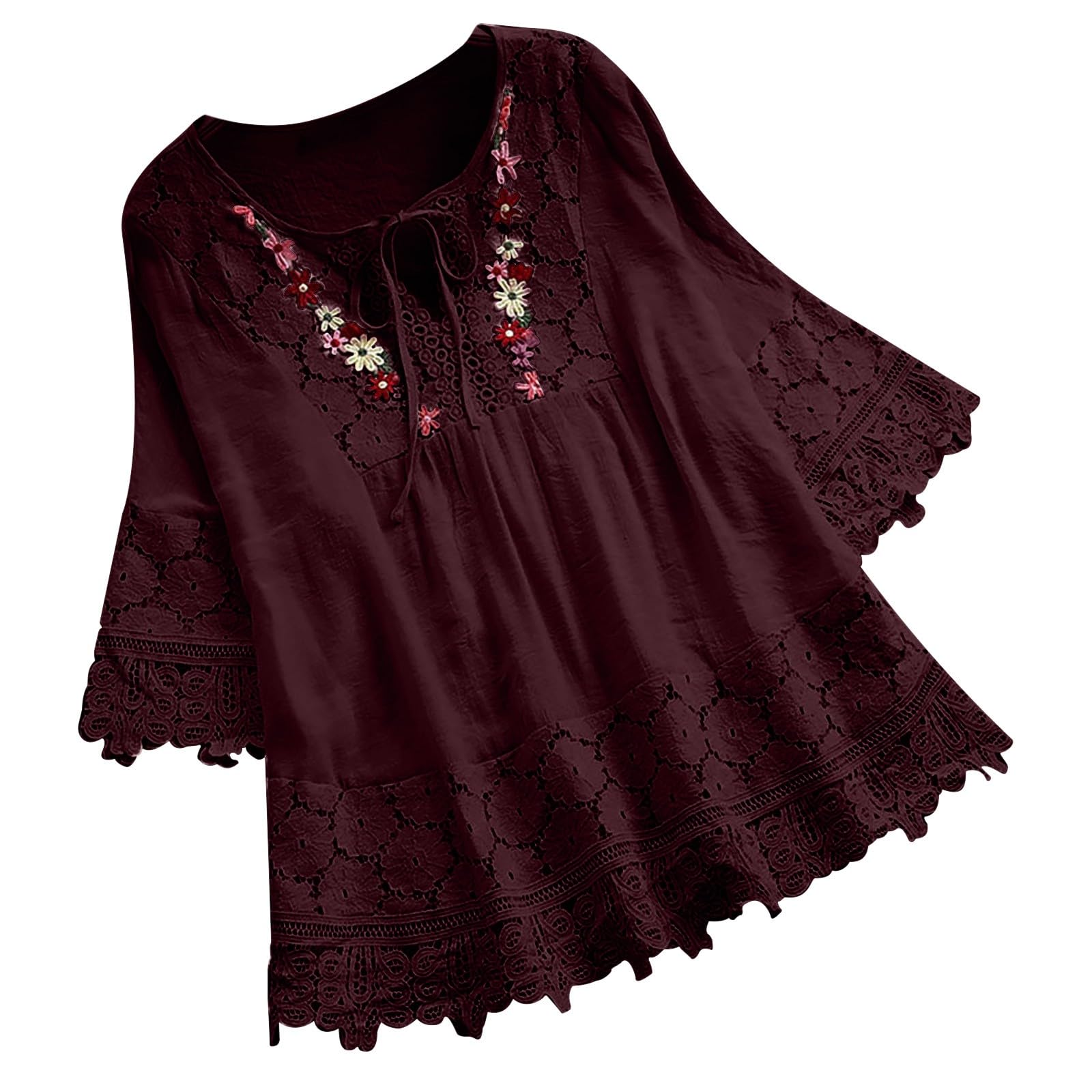 Womens Summer Loose Tops V-Neck Lace Crochet Half Sleeve Shirts Casual Chiffon Blouses Flowy Blouses Shirts(Za Red,S)