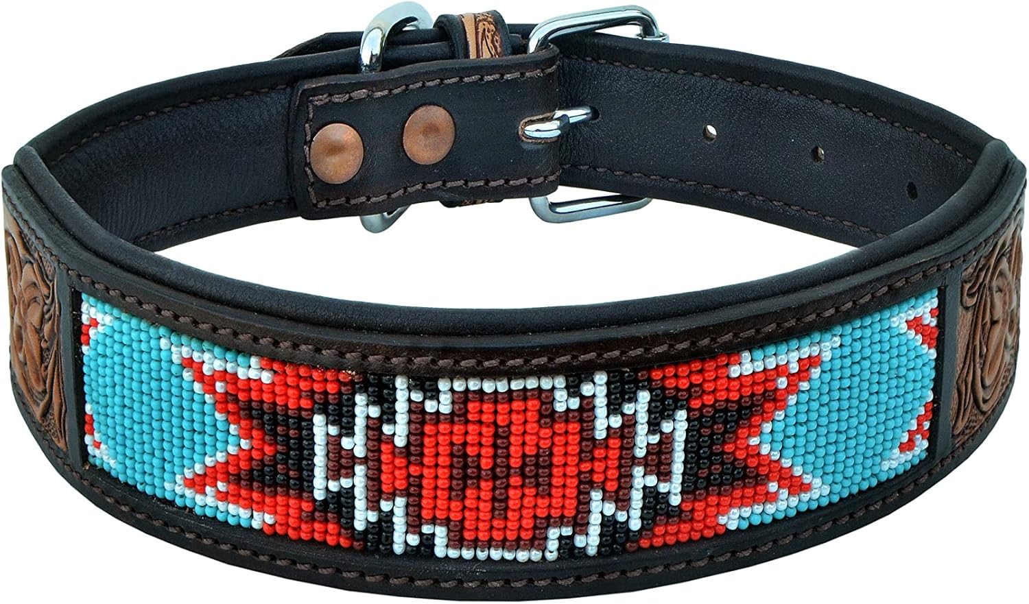 Affilare Genuine Leather Dog Collar Western Style Beaded Dog Collar Hand Tooled and Padded for Extra Comfort 10AB008-Small
