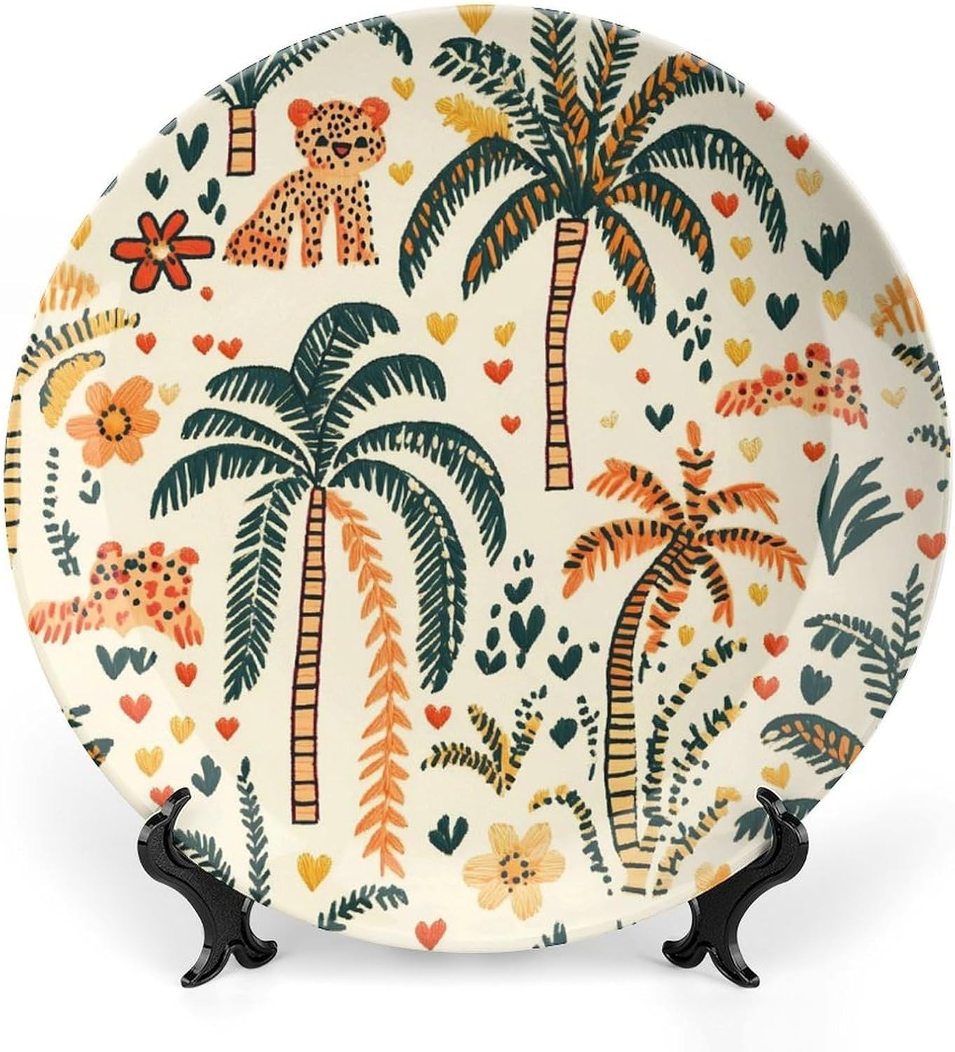 Tropical Palms Tree Leopards Decorative Plates for Display Ceramic Plate Tray with Stand Hanger Home Decor