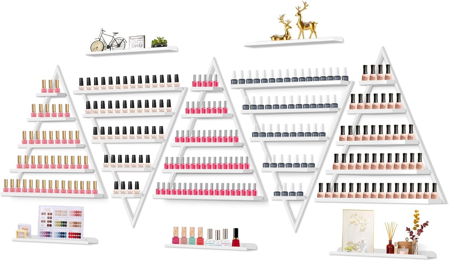 10PCS Metal Wall-mounted Nail Polish Storage Racks, Lorvain 5 Tiers Gold Triangular Display Rack Cosmetic Display Cases Lipstick Perfume Wall Shelf Essential Oil Organizer for Home Spa Nail Salon Shop
