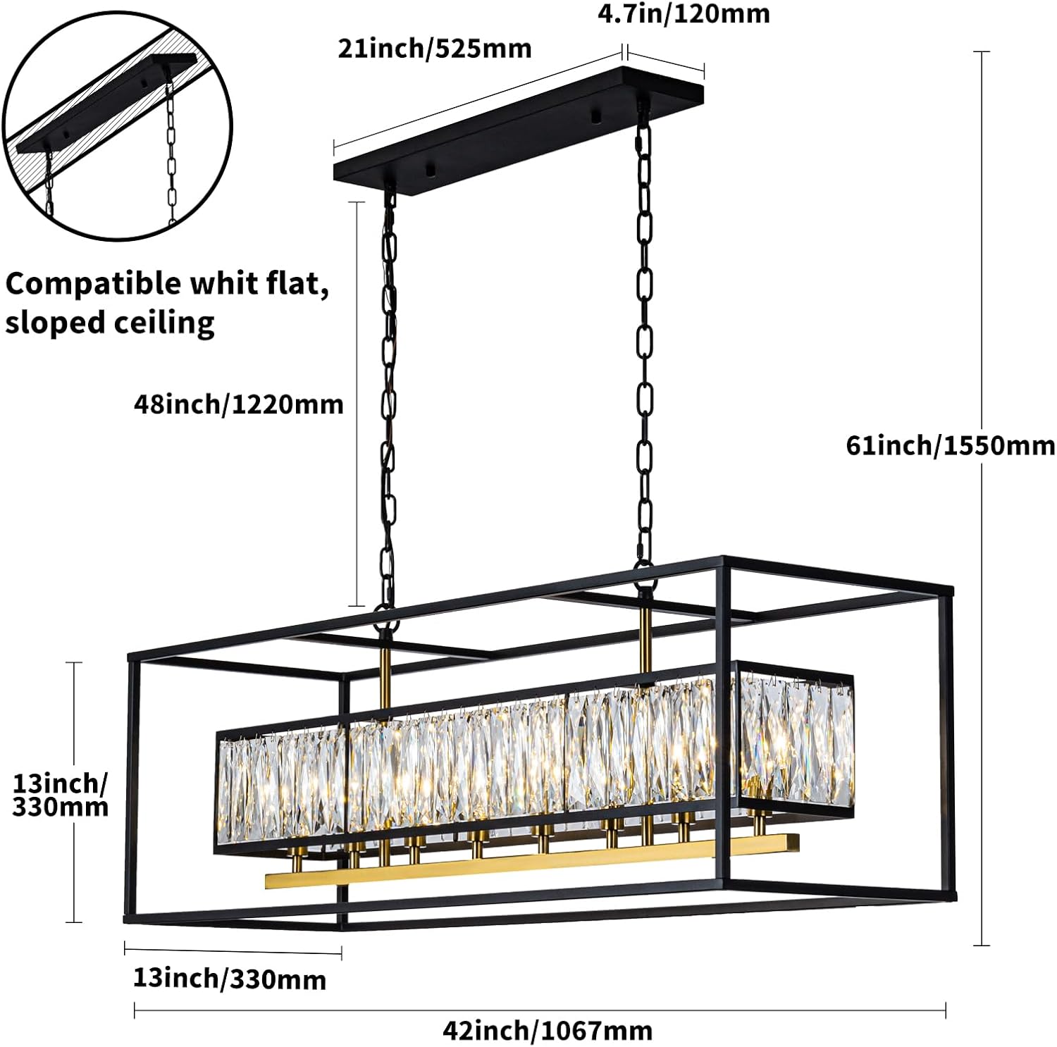 Vezzio Large Chandeliers for Dining Room Modern Black and Gold Channdelier L42 inch Crystal Farmhouse Light Fixture Over Table 8 Lights Rectangle Chandelier for Kitchen Island