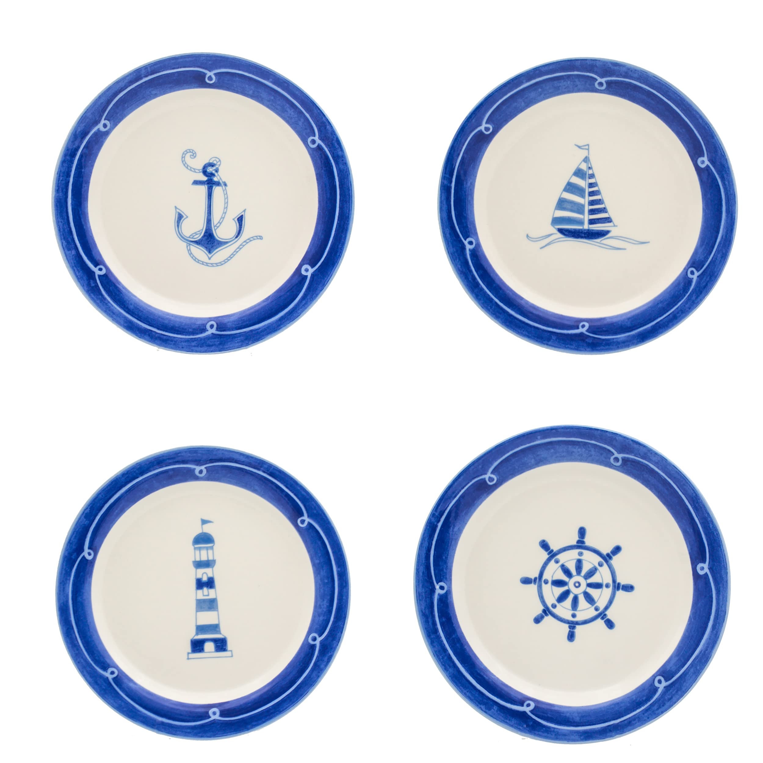 Set Dessert Nautico Euro Ceramica Ahoy | 12 Pezzi Per 4 Persone | Piatti, Ciotole E Tazze Blu E Bianche