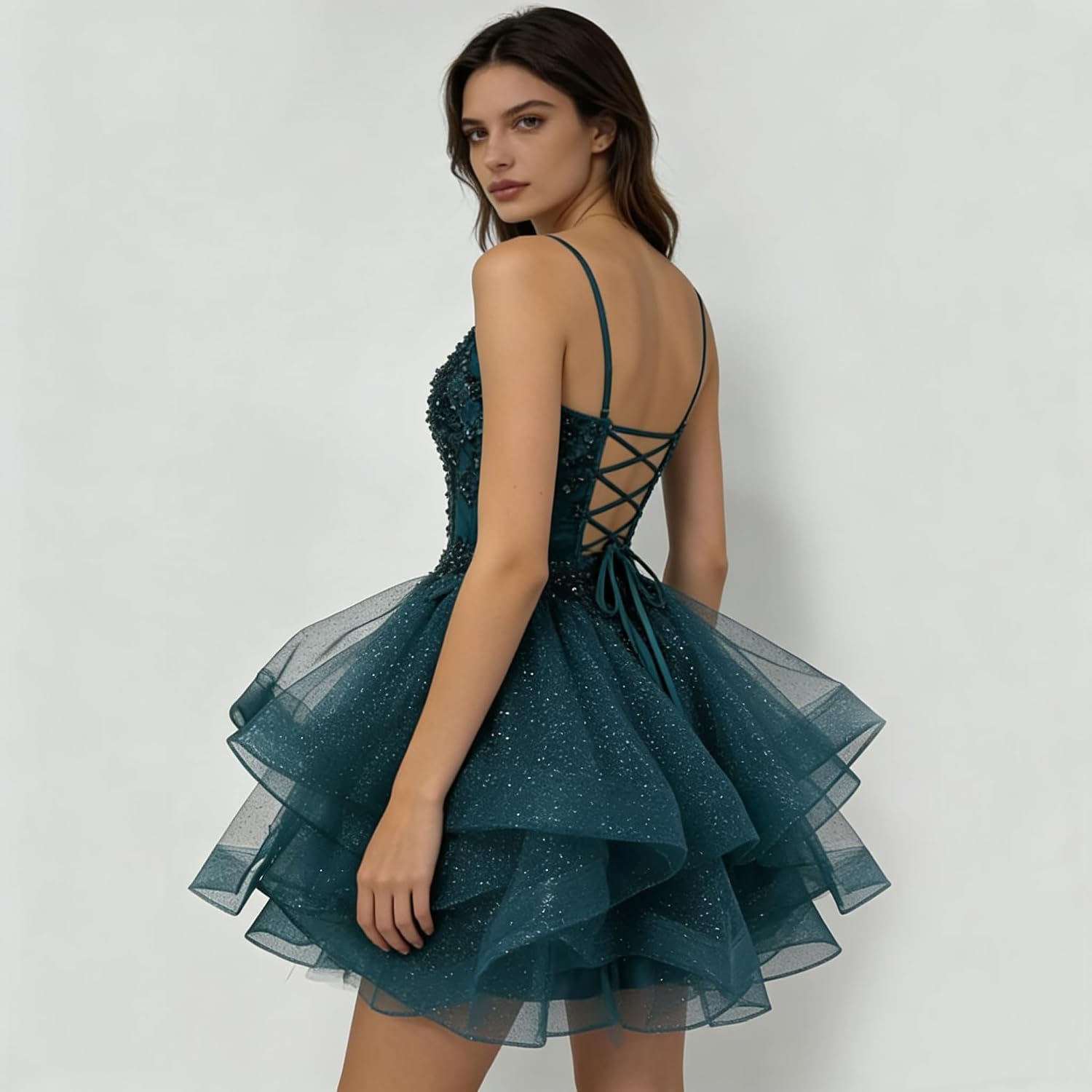 Tulle Homecoming Dresses for Teens Sequin Lace Applique Short Prom Gown Spaghetti Strap DAMA Dress for Quinceanera