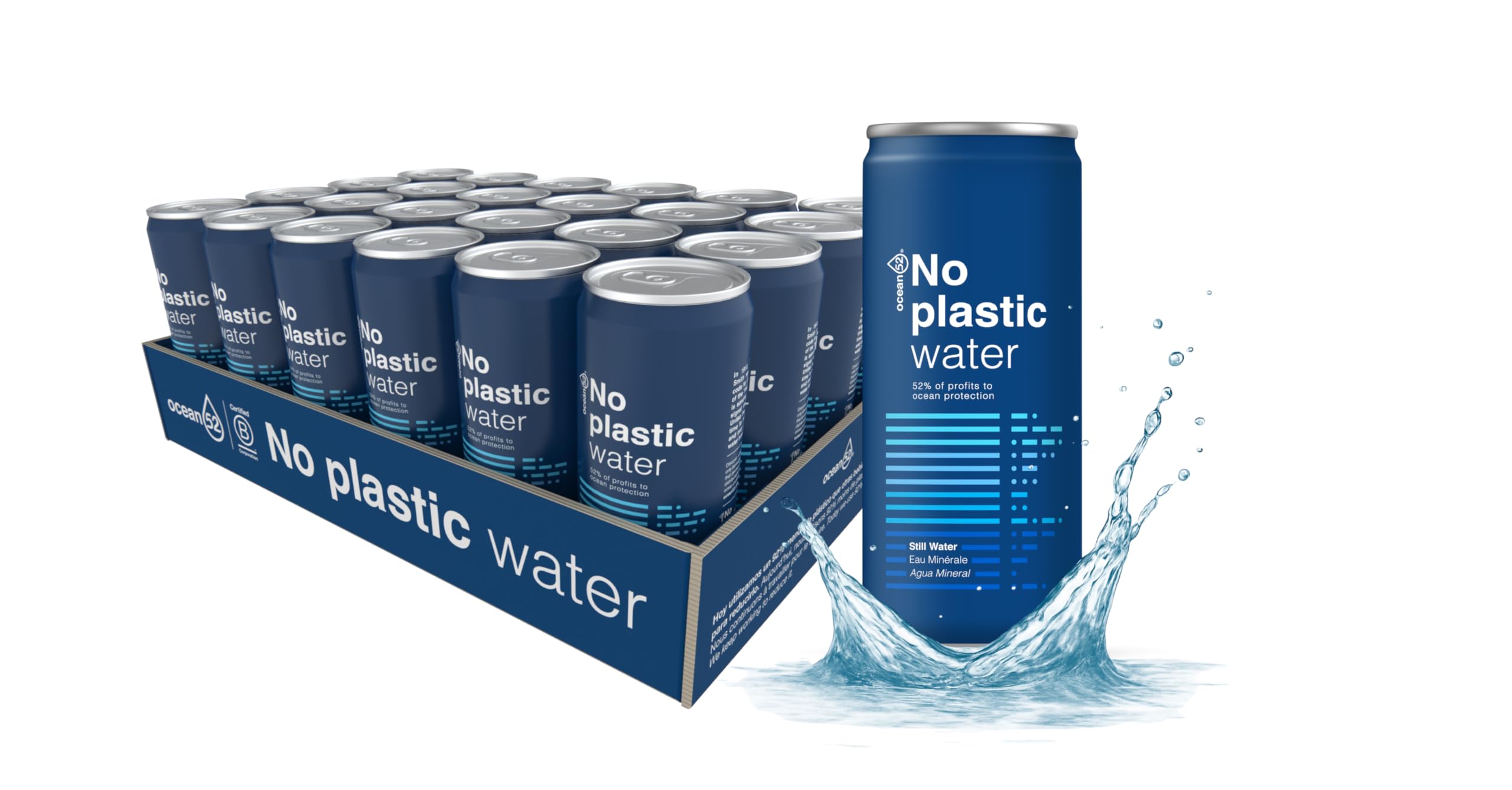 Agua en lata No Plastic Water de Ocean52. Agua Mineral Natural - Pack 24 unidades x 33cl. Agu a en pack de 24 latas de 33cl. Manantial Source du Roy - Ogeu-les-Bains - France.