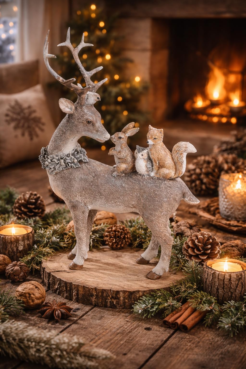 Statuetta decorativa a forma di cervo con animali della foresta e glitter, decorazione natalizia, per l'Avvento e l'inverno