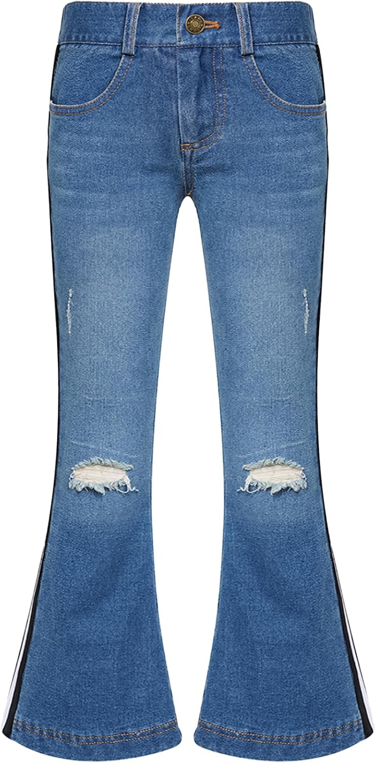 Girls Distressed Ripped Flare Jeans Youth Elastic Waist Snug Fitted Skinny Denim Pants Holiday Casual Wear