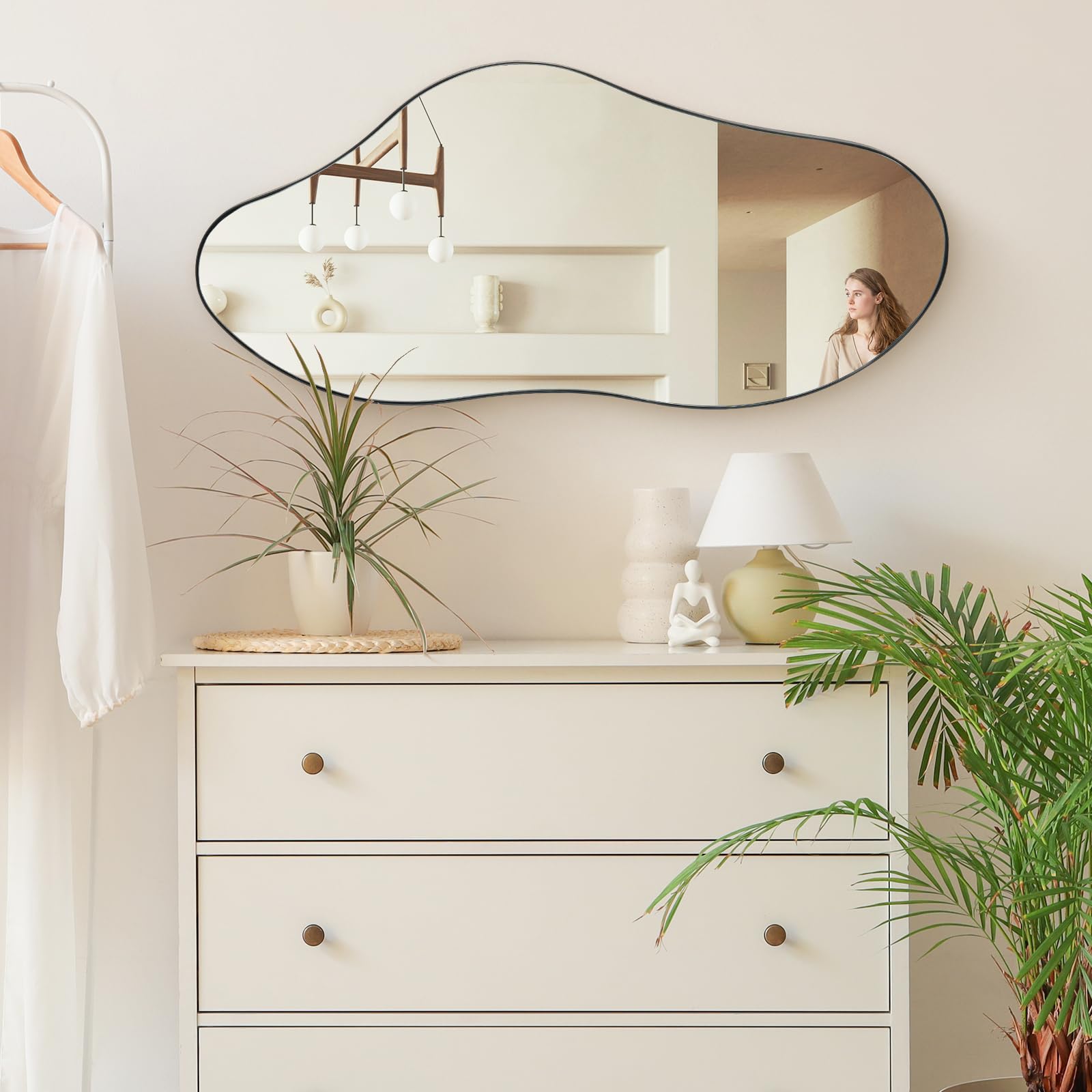Specchio da bagno a parete, specchio irregolare con cornice in metallo nero per il soggiorno, 98 x 45 Specchi da appendere alle pareti Specchio per vestirsi per il corridoio della camera da letto