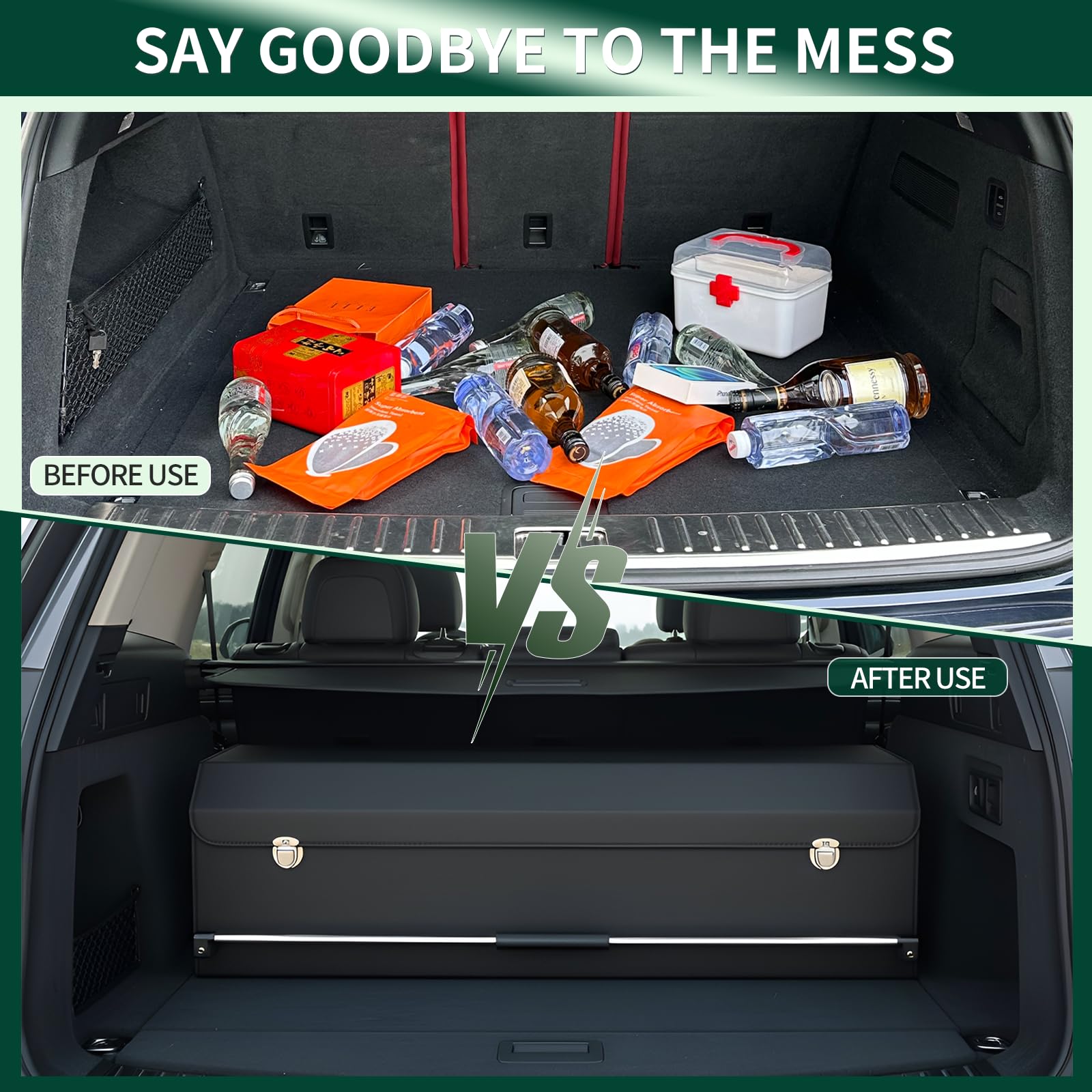 Organizador de Maletero con Tapa – Piel NAPPA Premium, Asa Deslizante Portátil & Caja de Almacenamiento Estable Universal para Coche y SUV (Negro, 103 x 29 x 31 cm)