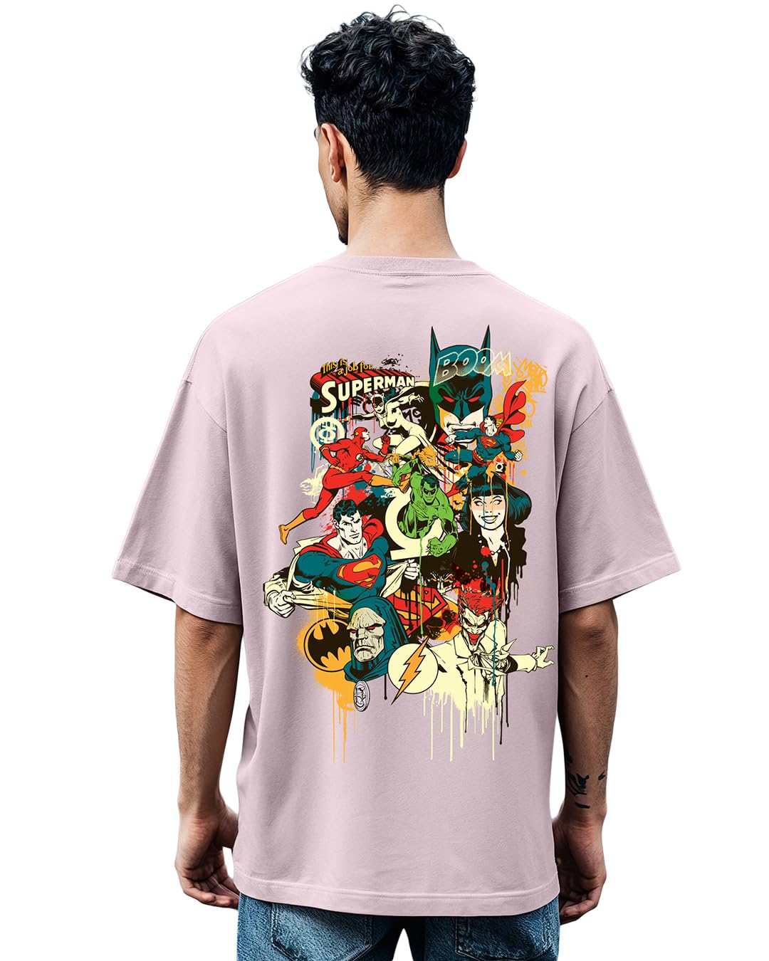 Bewakoof Official DC Merchandise Justice League Men's 100% Cotton 220 GSM Graphic Print Oversized Fit Round Neck T-Shirt