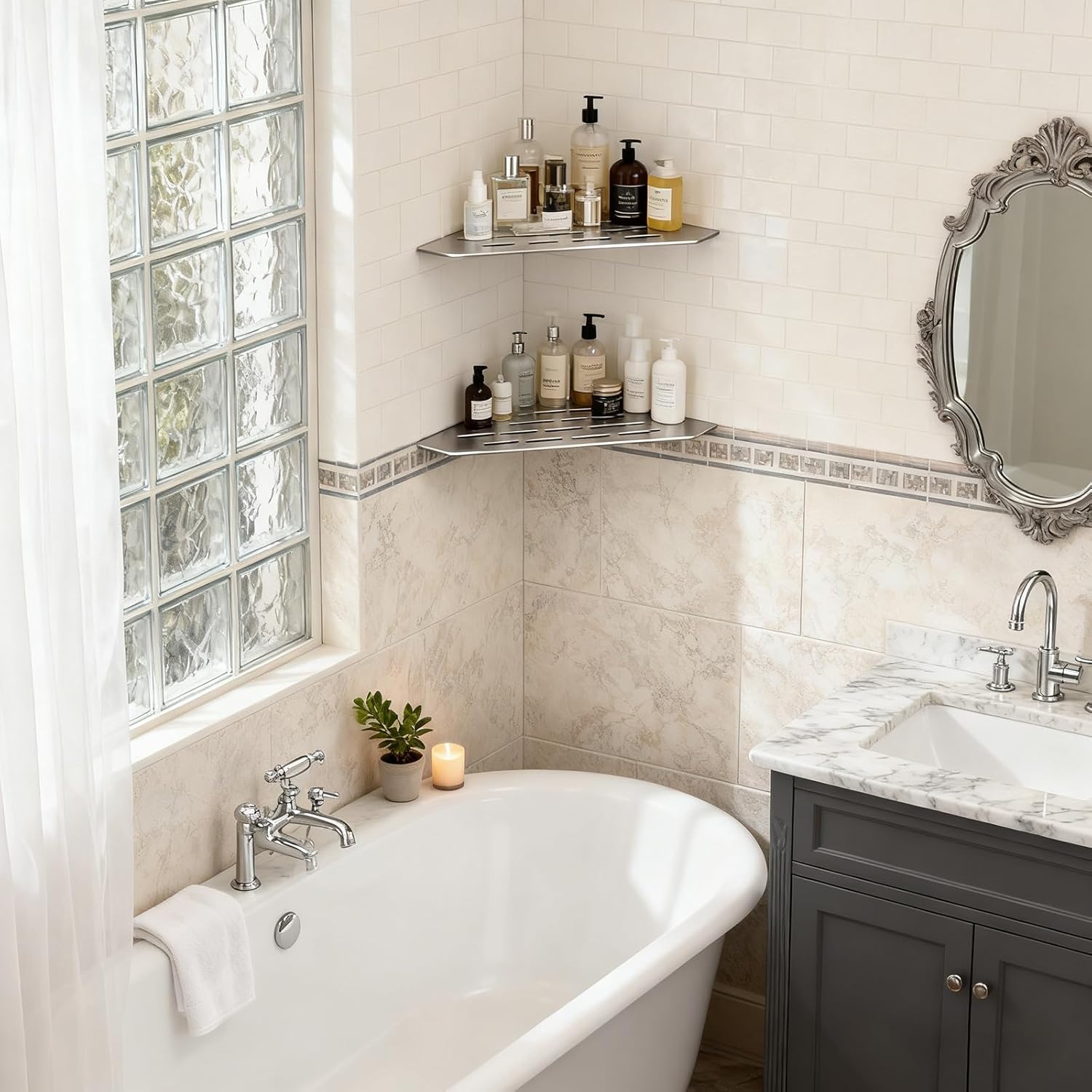 Corner Shower Shelves 10" 2 Pcs, 304 Stainless Steel Shower Corner Shelf Wall Mount Triangle Shower Caddy for Bathroom, Kitchen Organization, Brushed Nickel