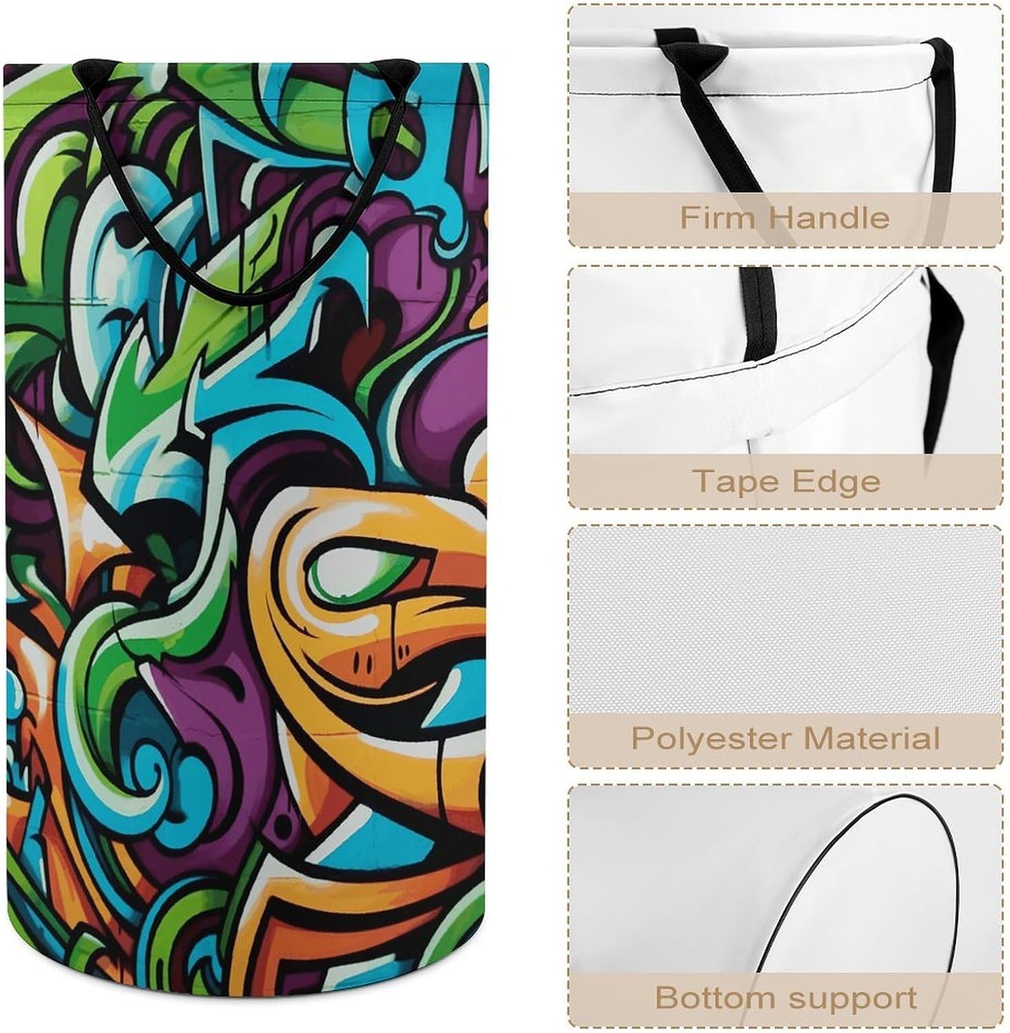 Graffiti Drawing Art Laundry Hamper with Handles Waterproof Collapsible Laundry Basket Large Lightweight Round Dirty Clothes Hamper for Home Dorm Bathroom Decor