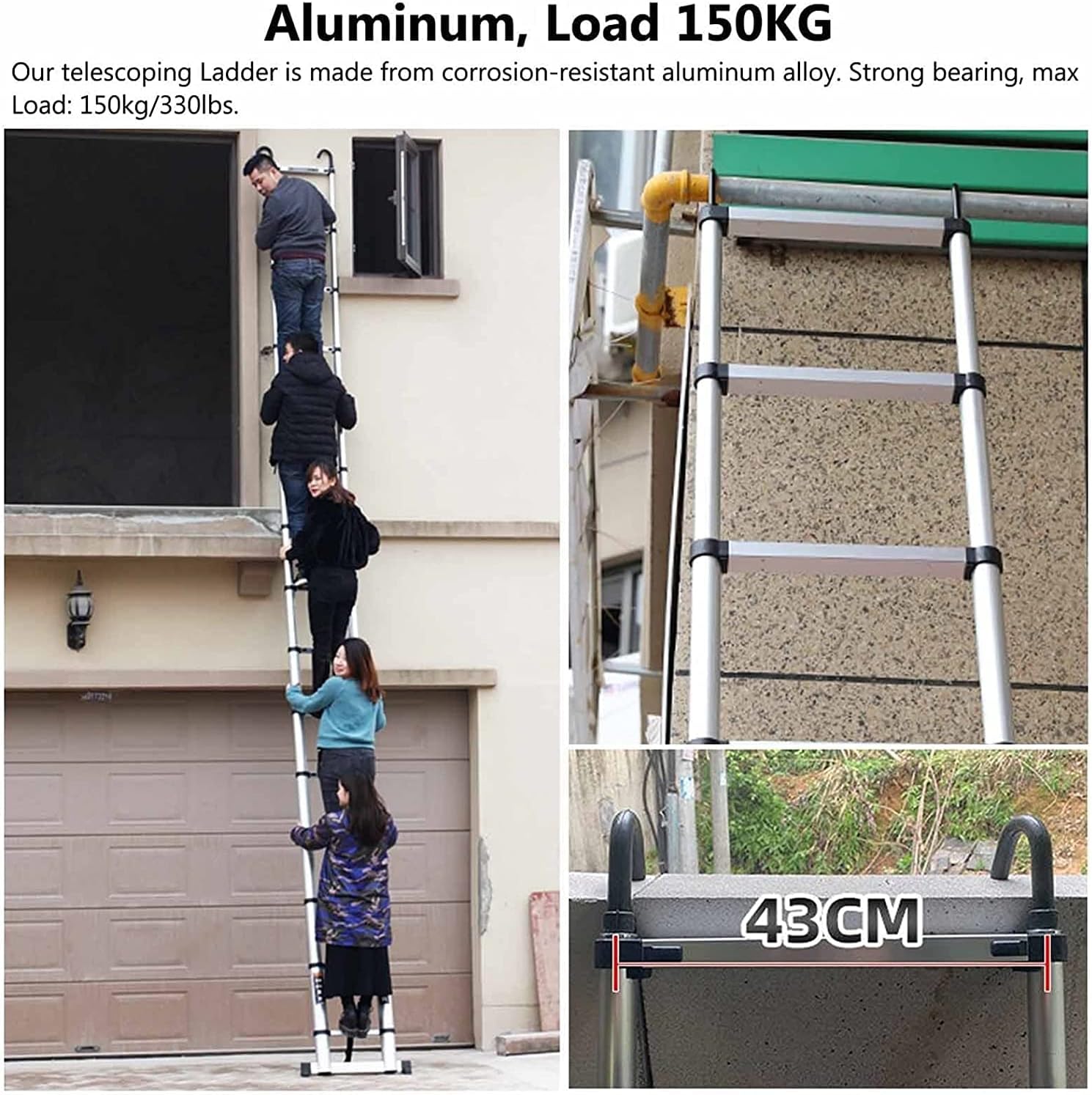 OKUOKA 5m 6.2m 7m 8m Telescopic Extension Ladders with Hooks & Wheels, Lightweight Aluminium Climb Telescoping Ladder, Compact Foldable Retractable Loft Ladder (Color : Black, Size : 5m/1