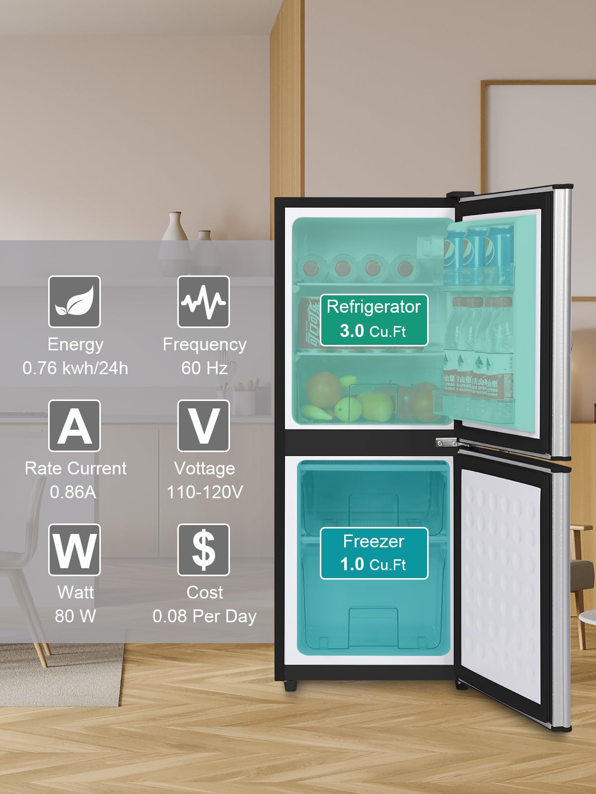 Krib Bling Refrigerator With Freezer 4.0 Cu.Ft With 7 Level Adjustable Thermostat Control 2 Door Bottom Freezer Refrigerator Lock Fresh Energy Saving For Apartment Bedroom Dorm And Office Silver on Fridge.com - View 6