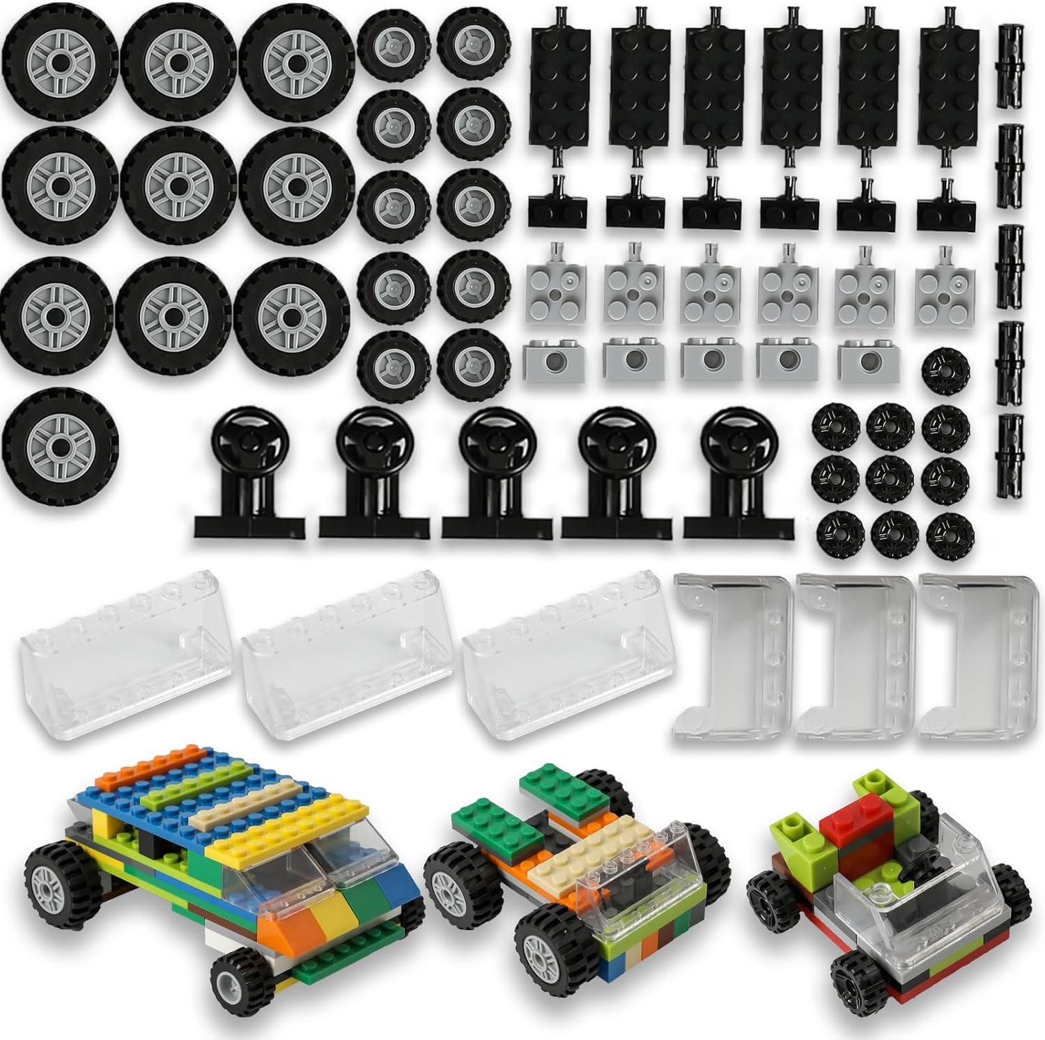 HUIZDQ 450pcs Wheels and Axles Set, Including Wheels, Windshield, Traffic Light, Vehicle & Truck Parts, Classic Pieces & Accessories, Compatible with Classic Brick Toys