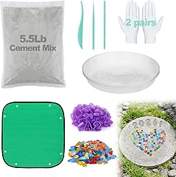 All-in-One 10in Stepping Stone Kit - Includes 5.5Lb Cement Mix, Mold, Letter & Number Stamps, Mosaics, Carving Tools, Gloves, Mat, Make Your Own Stepping Stones Outdoor for Garden Walkway Mother's Day