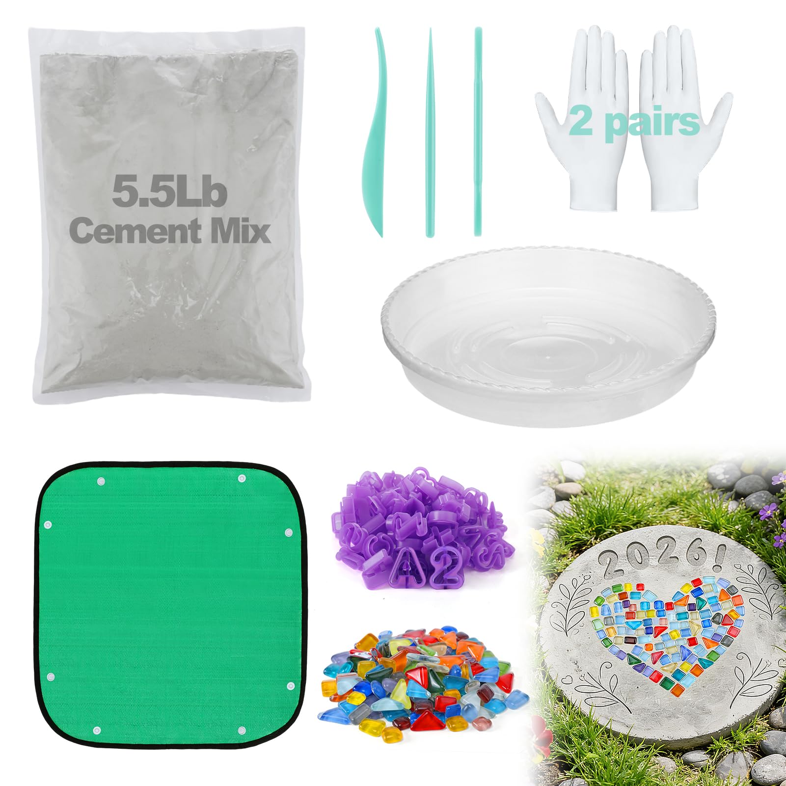 All-in-One 10in Stepping Stone Kit - Includes 5.5Lb Cement Mix, Mold, Letter & Number Stamps, Mosaics, Carving Tools, Gloves, Mat, Make Your Own Stepping Stones Outdoor for Garden Walkway Mother's Day - 2
