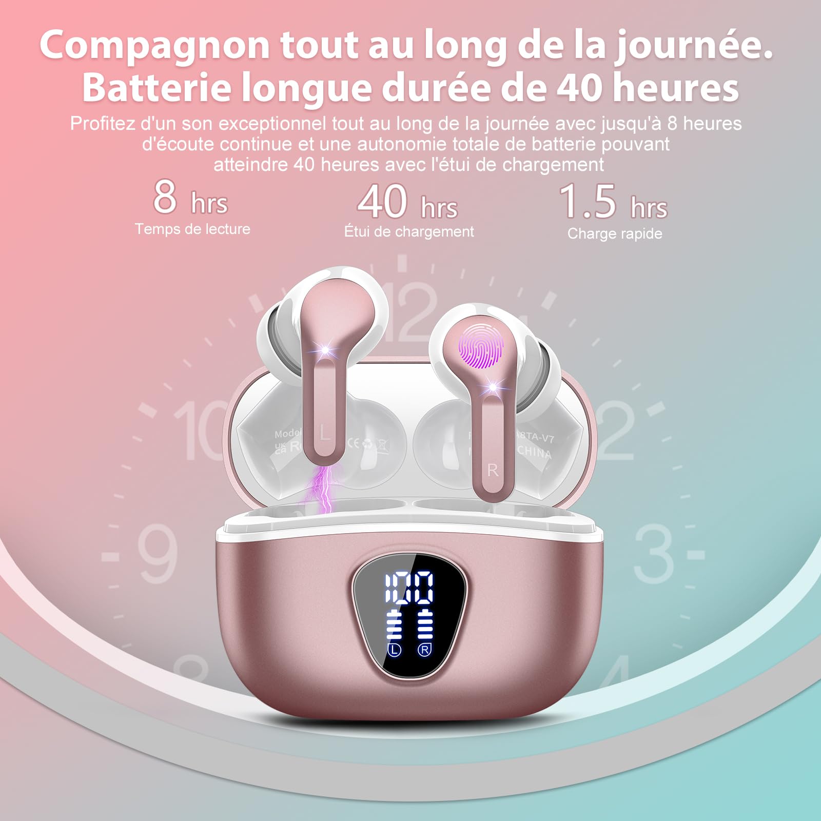 BESNOOW Ecouteurs Bluetooth sans Fil, Écouteurs 5.3 Oreillette Bluetooth Basses Immersives avec 4 ENC Mic, Casque sans Fil 40H avec Écran LED, Étanche IP7 Contrôle Tactile, Or Rose