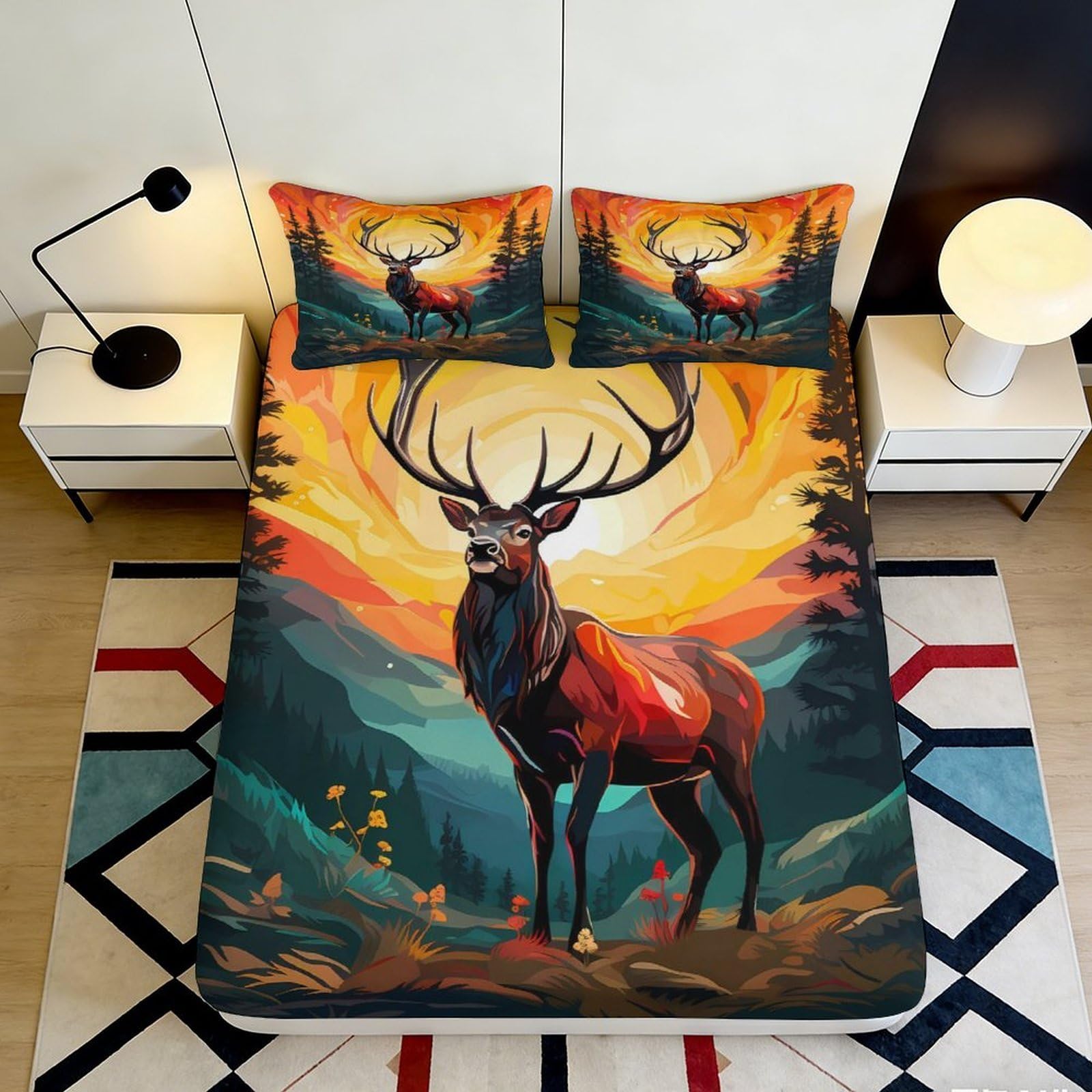 3D Printed Sunset Forest Deer Fitted Sheet Microfiber Soft Breathable Mountain Elk Mattress Cover for Bedroom Decor 90x200x25cm