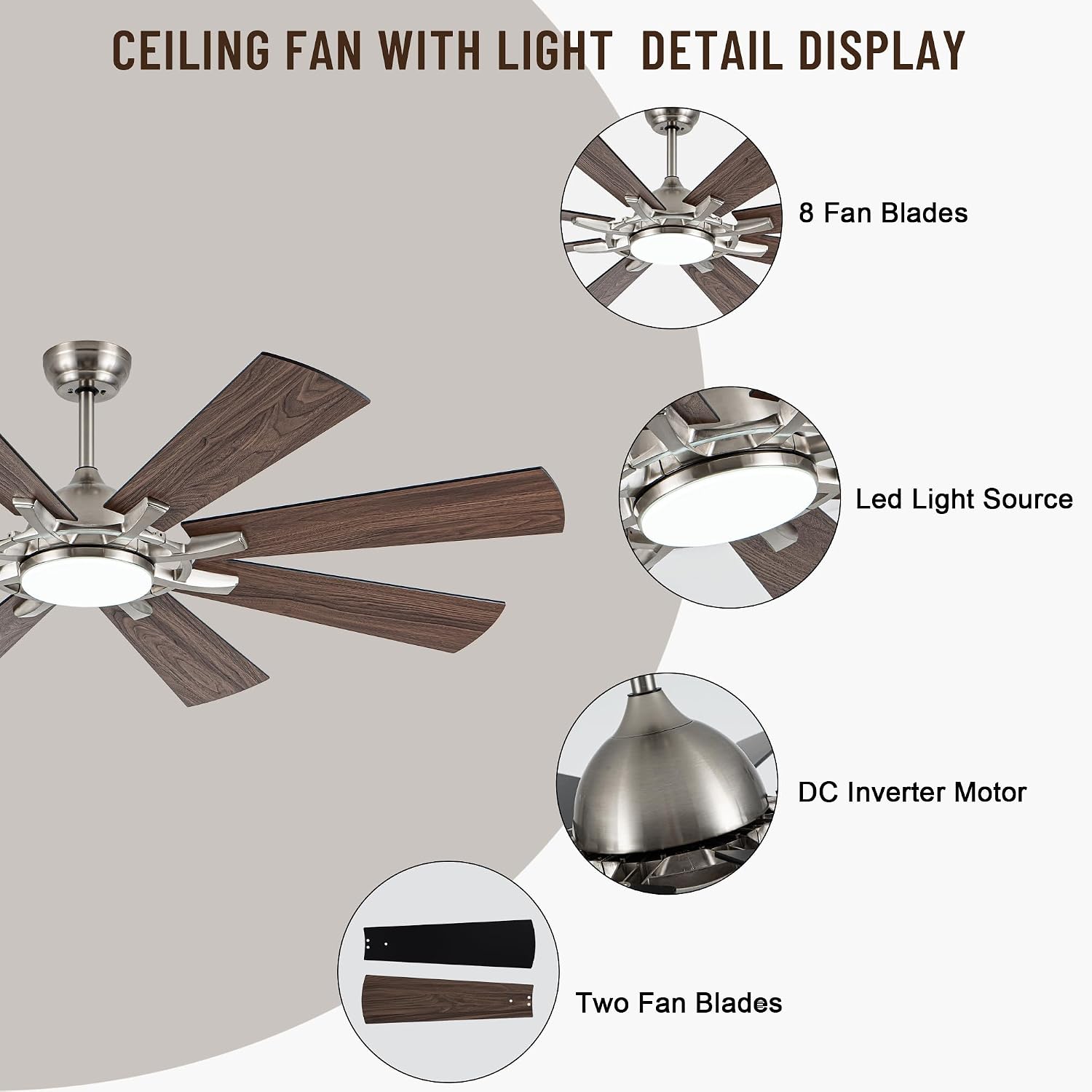 60 inch Large Ceiling Fans with Lights and Remote, Indoor/Outdoor Ceiling Fan for Living Room Patio, 6 Speed Reversible Quiet DC Motor, 3 CCT, Dual Finish Blades