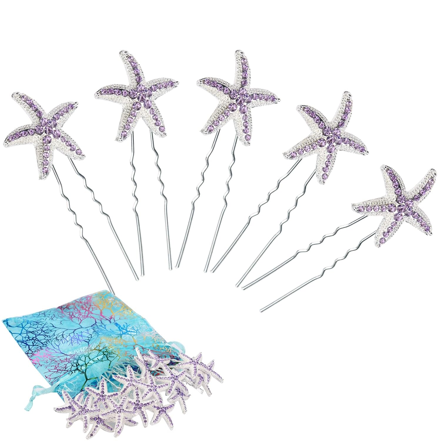 Jaciya 18 Pack Bride Purple Crystal Rhinestone Starfish Hair Pin Hair Jewelry Hair Accessories Women Head Wear Headdress for Beach Themed Wedding Party Silver Hair Clips for Women