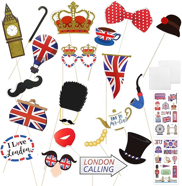 20pcs Photo Props, 2pcs Tattoo Stickers, Queen's Platinum Jubilee Photo Props, Fun British Party Props 2022, Queen's Party Jubilee Tattoo Stickers, British Selfie Props Party Decorations