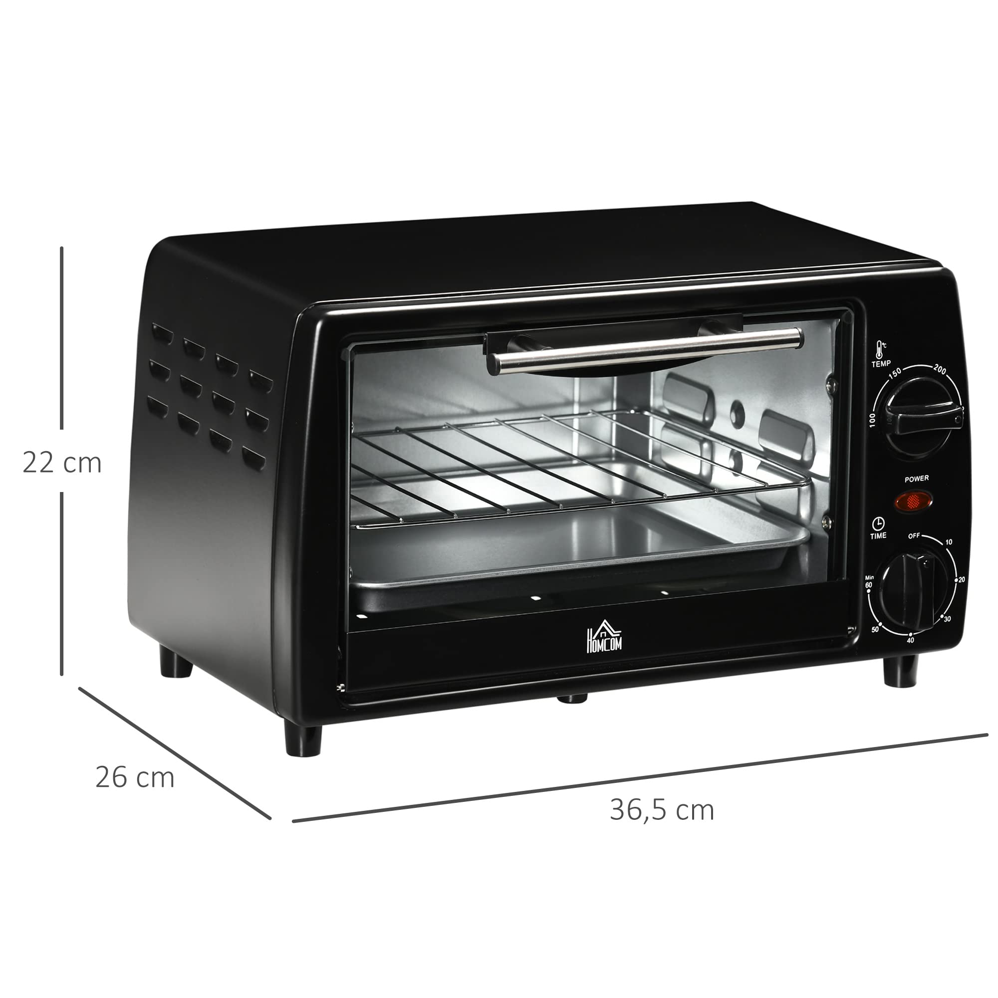 HOMCOM Mini Backofen 10 L 750W 100-230℃ 60 Min. Timer mit Backblech, Grillrost und Herausnehmbarer Bodenschale, Pizza-Ofen, Schwarz