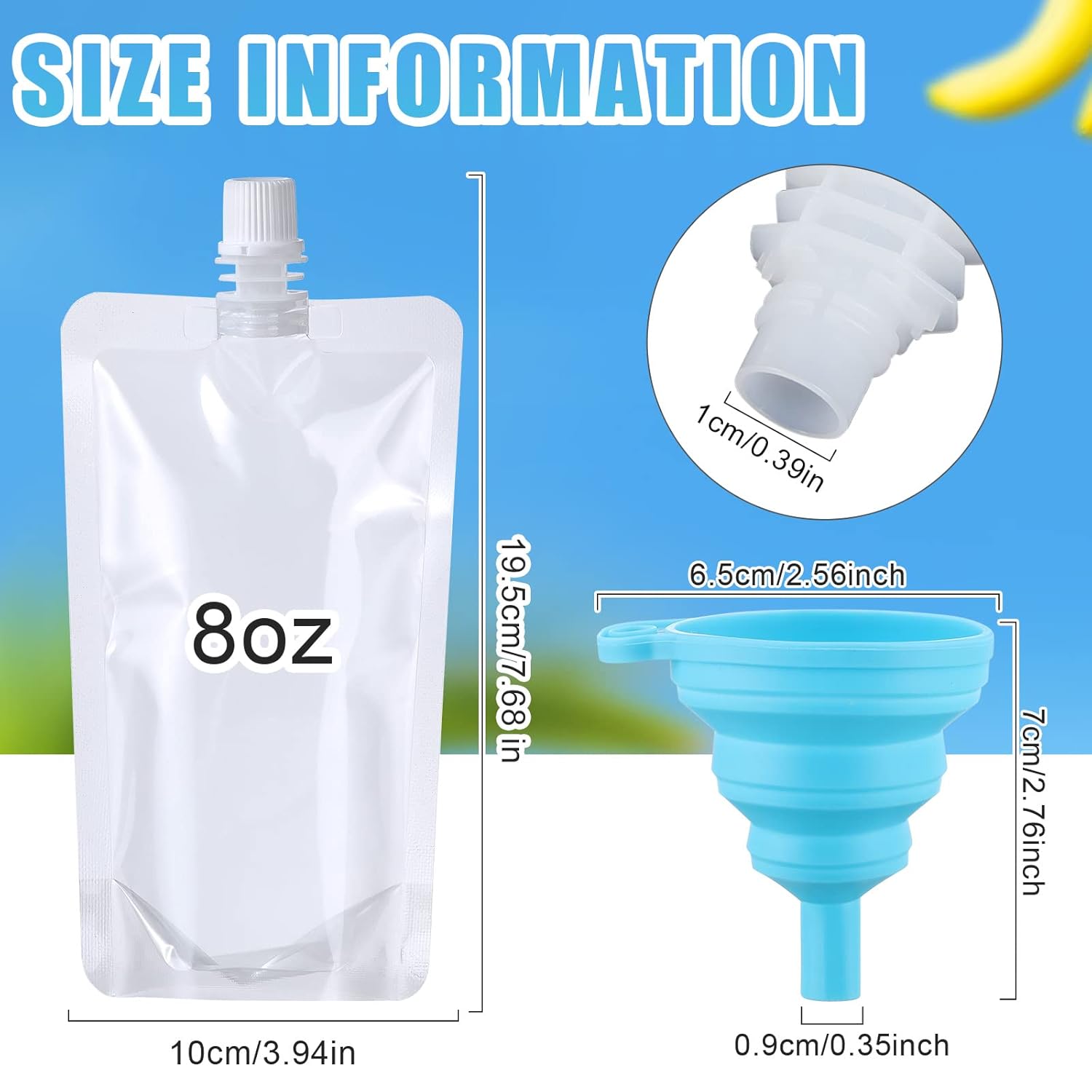 Patelai 150 Pieces Plastic Liquid Pouch Reusable Juice Pouches Travel Water Leak Proof Bags Bulk with Collapsible Silicone Funnel for Travel Outdoor (8 oz)