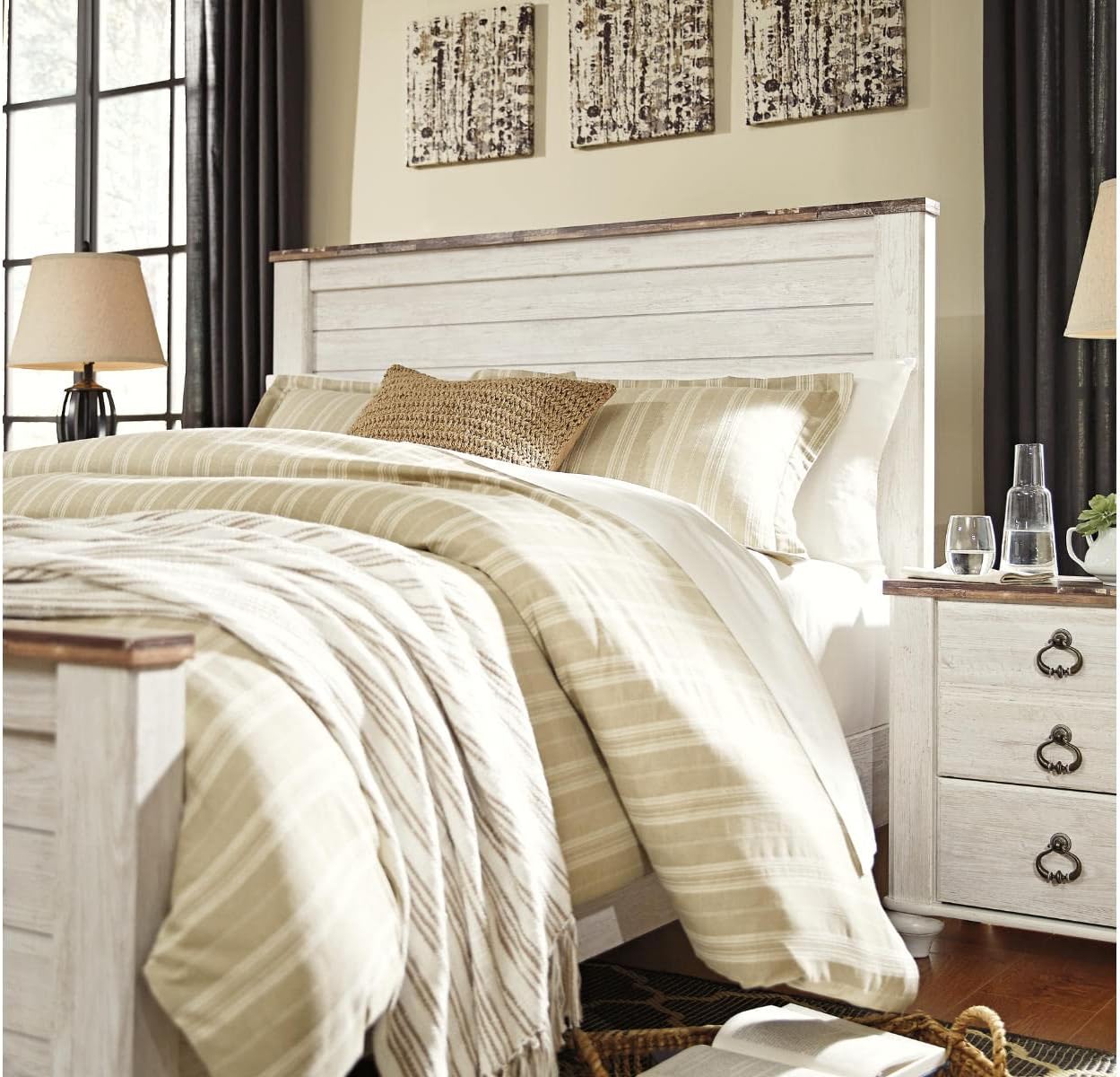 Signature Design by Ashley Coastal Queen Panel Headboard, Whitewash | Engineered wood rustic queen headboard, Farmhouse headboard queen option with built-in USB chargers, Willowton Series