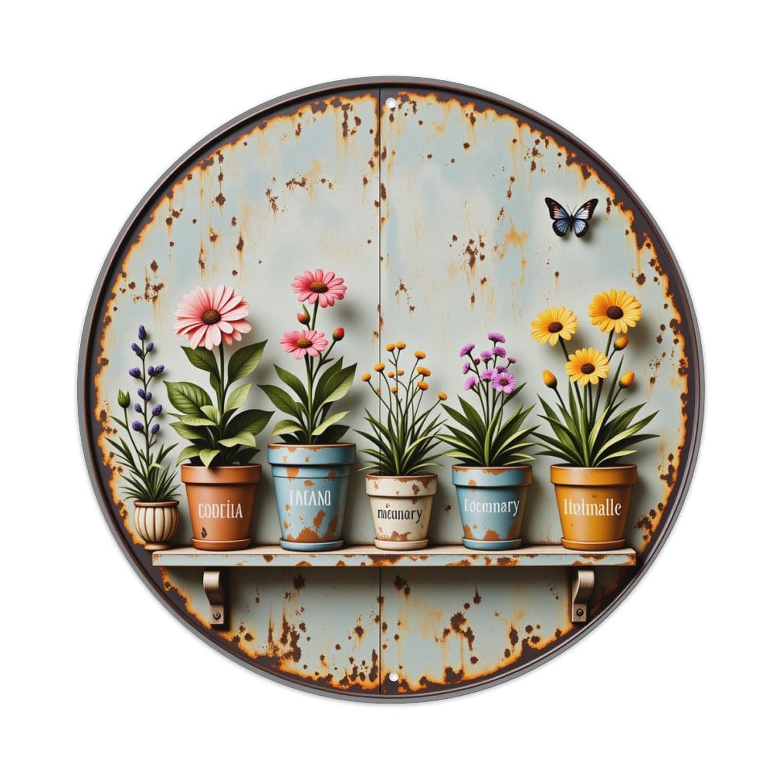 Floral Pots Rustic Shelf Garden Butterfly Round Tin Sign Vintage Style Metal Sign Home Bar Garden Wall Plaque Decor Metal Poster 8x8 Inch