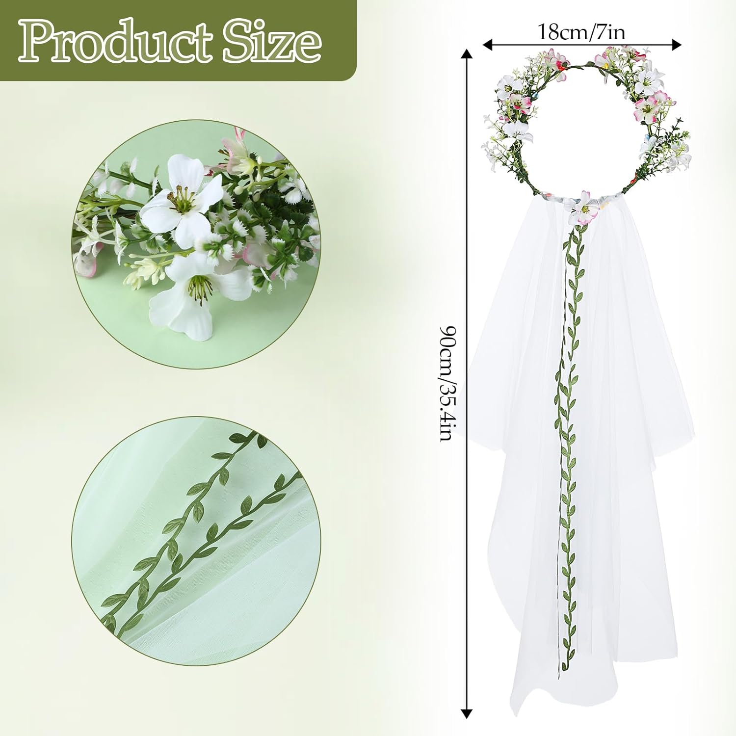 1 Pc Flower Crown for Women with Bridal Veil, Adjustable Hair Headband Accessories, Wedding Crown for Wedding Bridal Festival Photography Hair Wreath Accessory Hairbands - Image 5