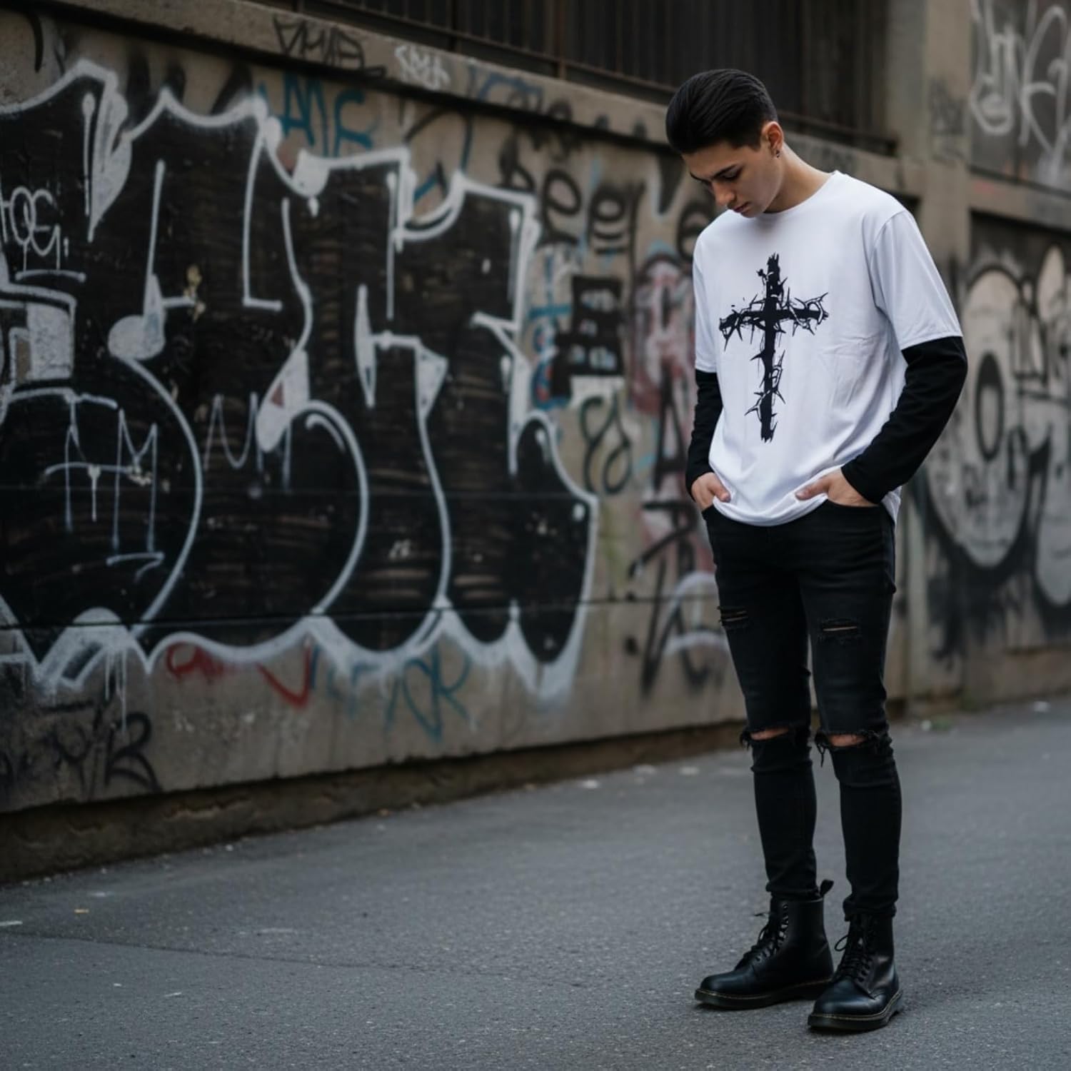 Men Women Gothic Long Sleeve Top Graphic Tee – Emo Y2K Grunge Streetwear Shirt Thorn Cross Print Punk Sweatshirt - Image 2