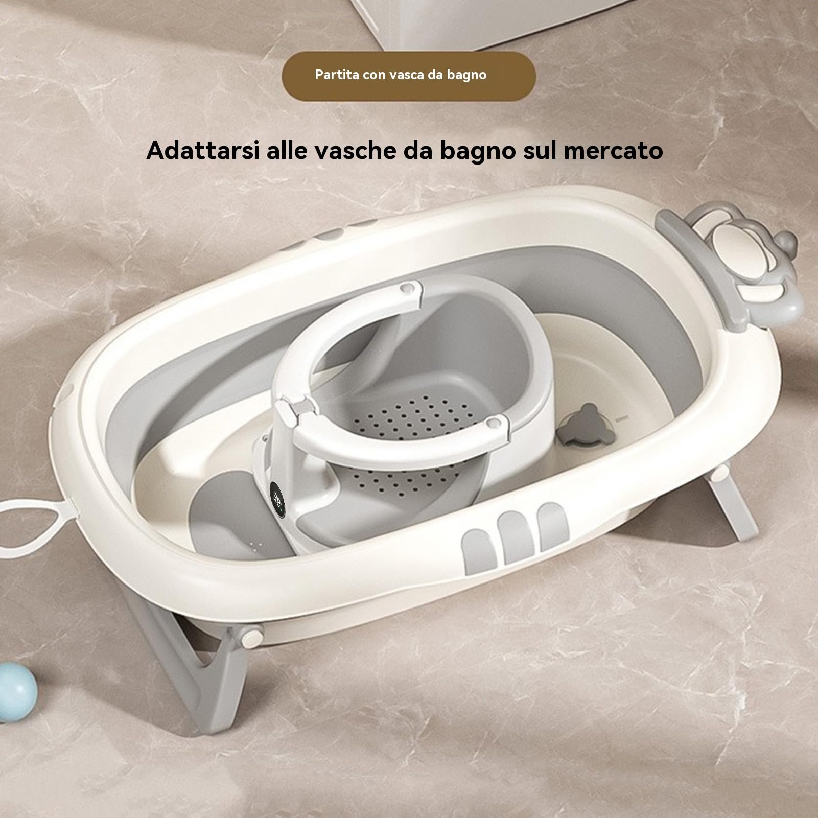 Seggiolino Supporto per Bagnetto, Seggiolino da Bagno con Sensore di Temperatura per Bambini, Supporto Sicurezza Doccia Ideale per Casa Viaggi e Regali Nascite Compleanni